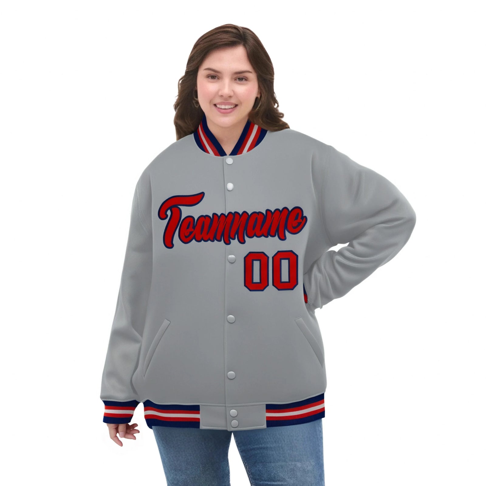 Custom Gray Red-Navy Bomber Full-Snap Varsity Letterman Jacket