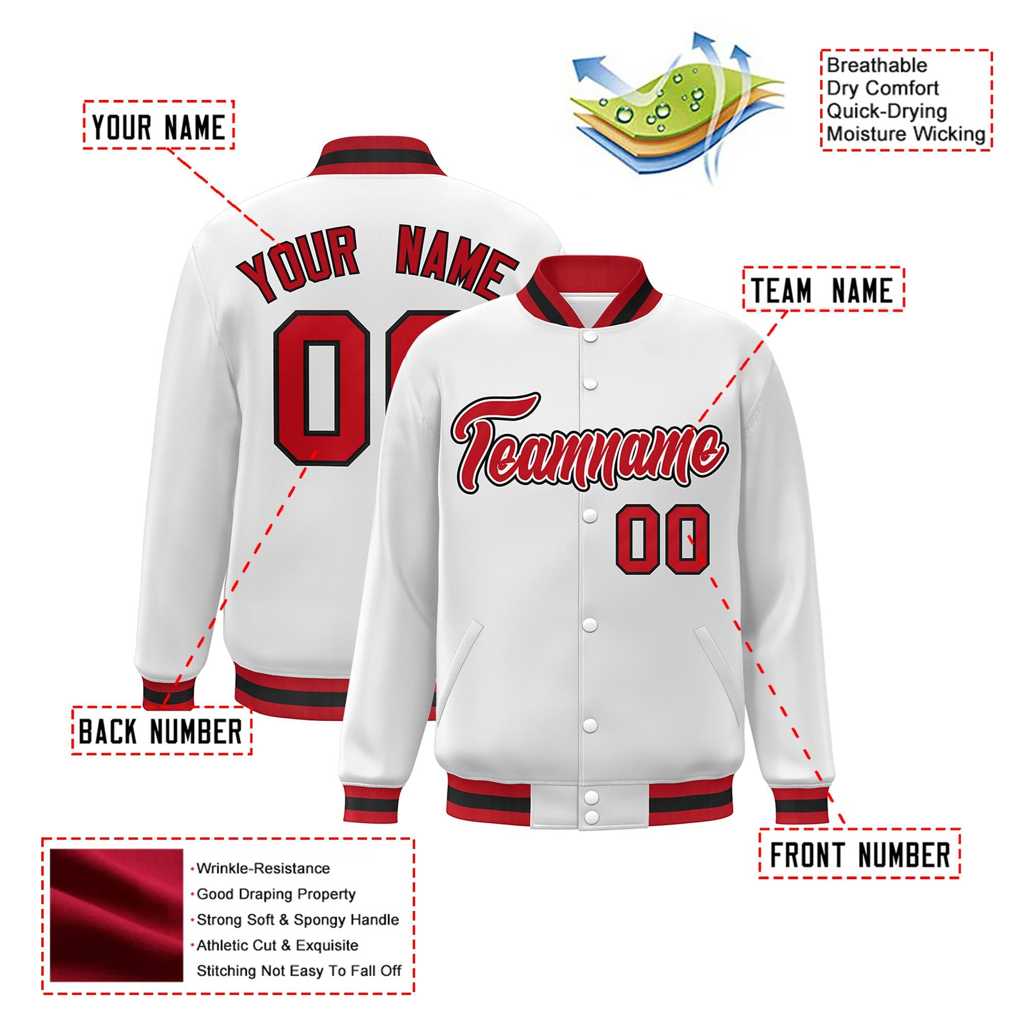 Custom White Royal-Red Black Bomber Full-Snap Varsity Letterman Jacket