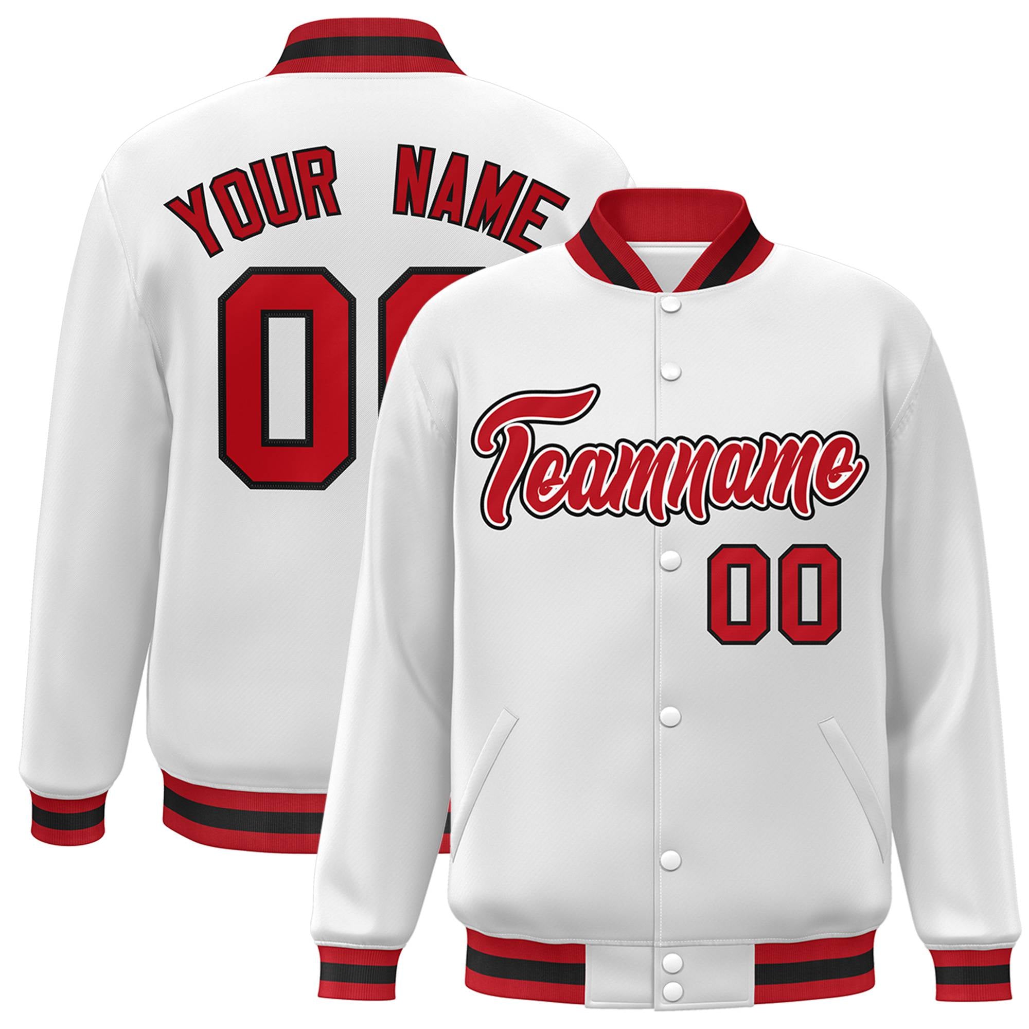 Custom White Royal-Red Black Bomber Full-Snap Varsity Letterman Jacket