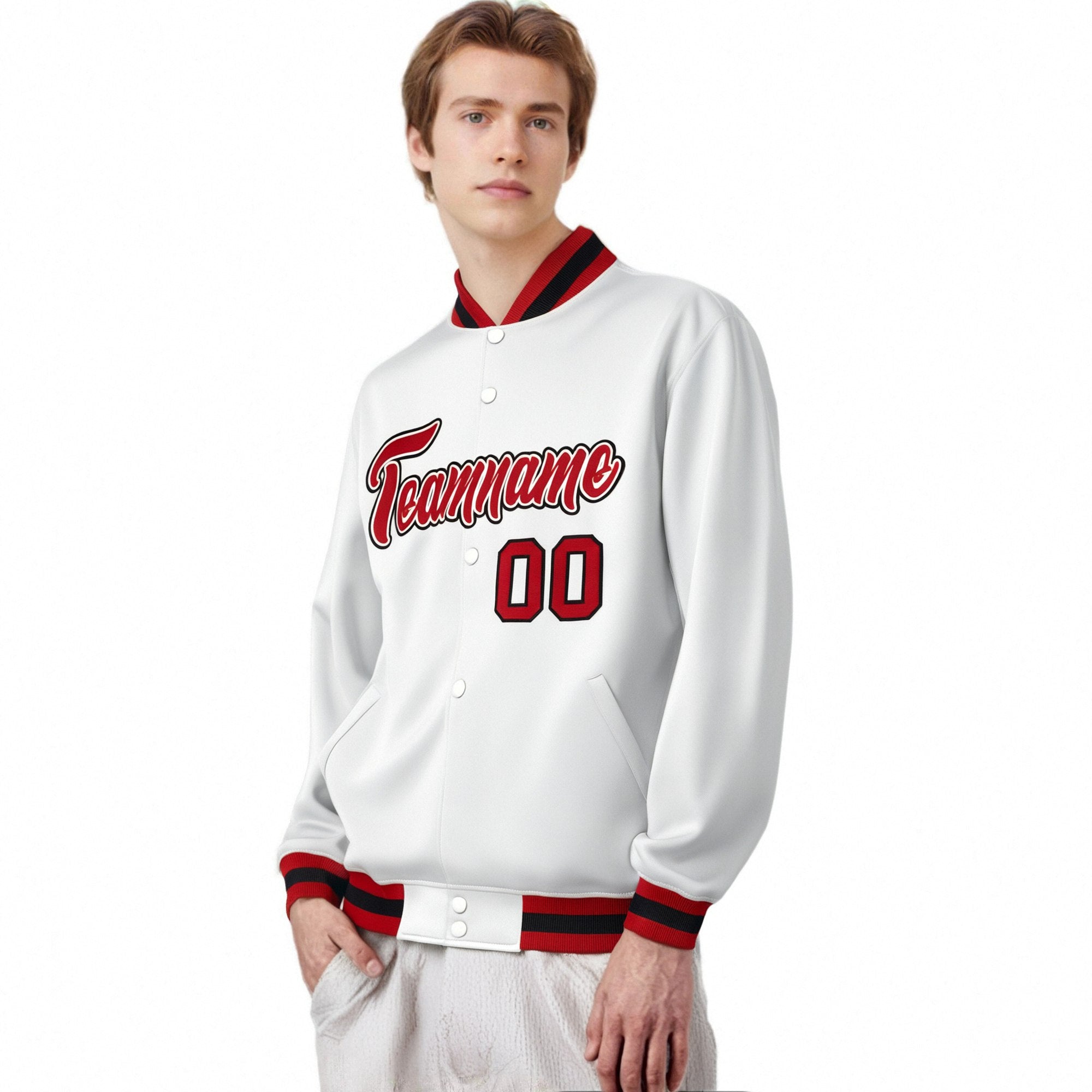 Custom White Royal-Red Black Bomber Full-Snap Varsity Letterman Jacket