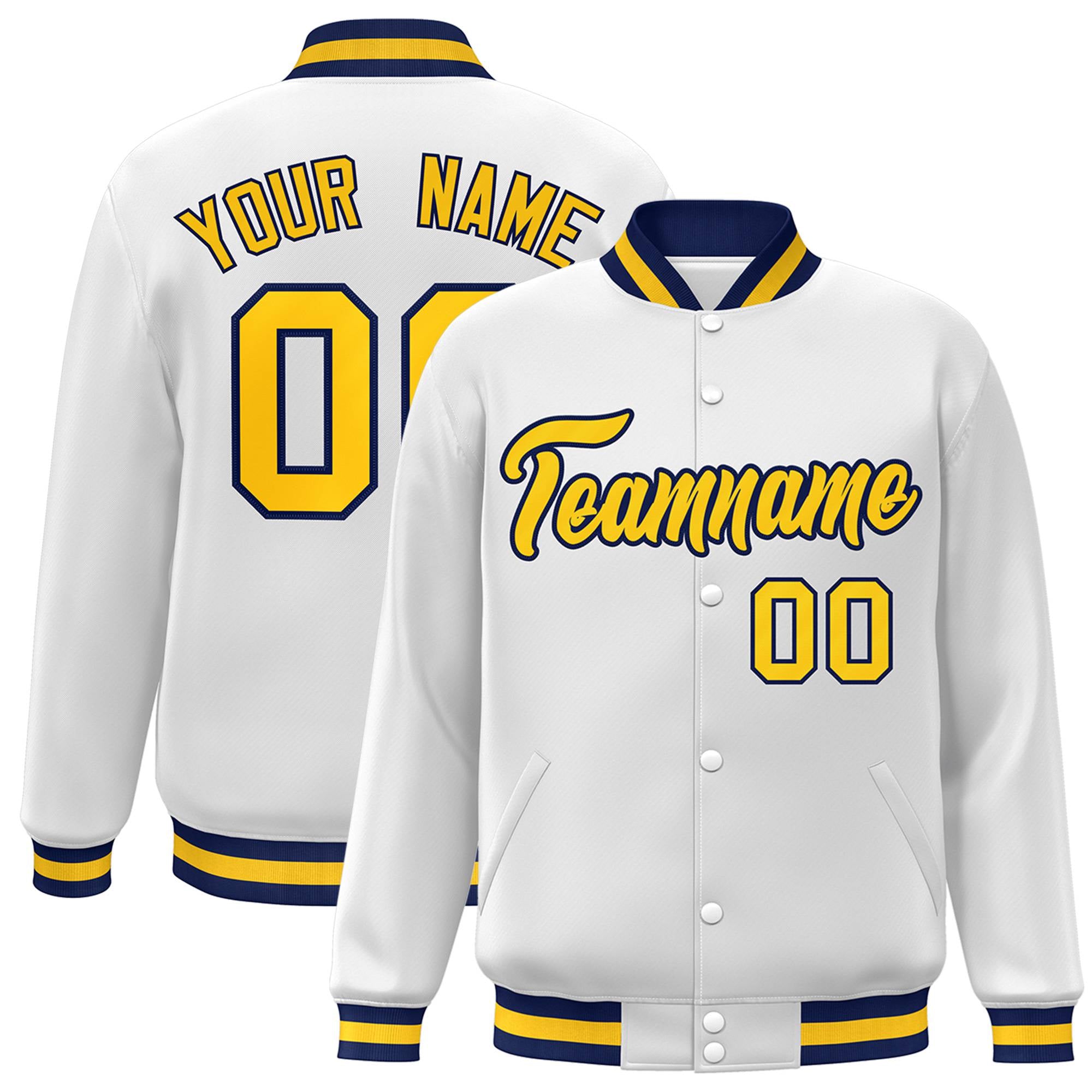 Custom White Yellow-Navy Bomber Full-Snap Varsity Letterman Jacket