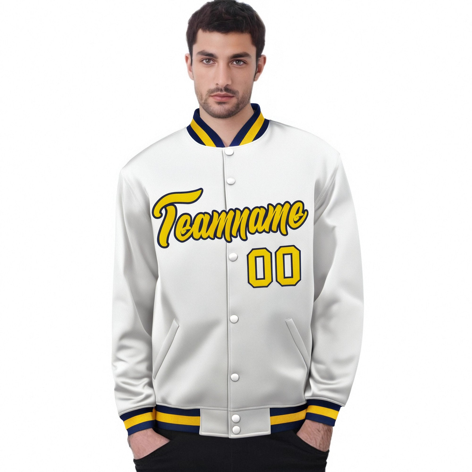 Custom White Yellow-Navy Bomber Full-Snap Varsity Letterman Jacket