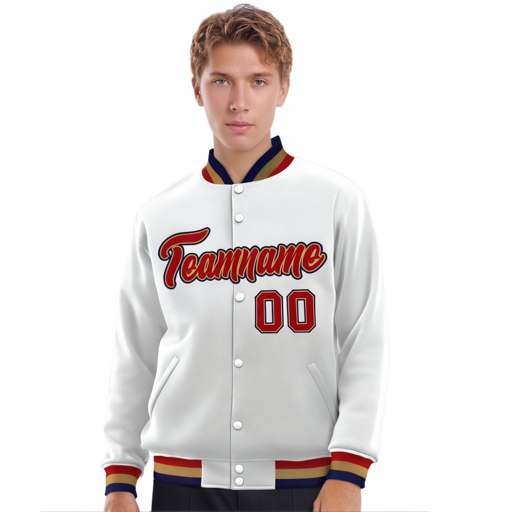 Custom White Red-Navy Old-Gold Bomber Full-Snap Varsity Letterman Jacket