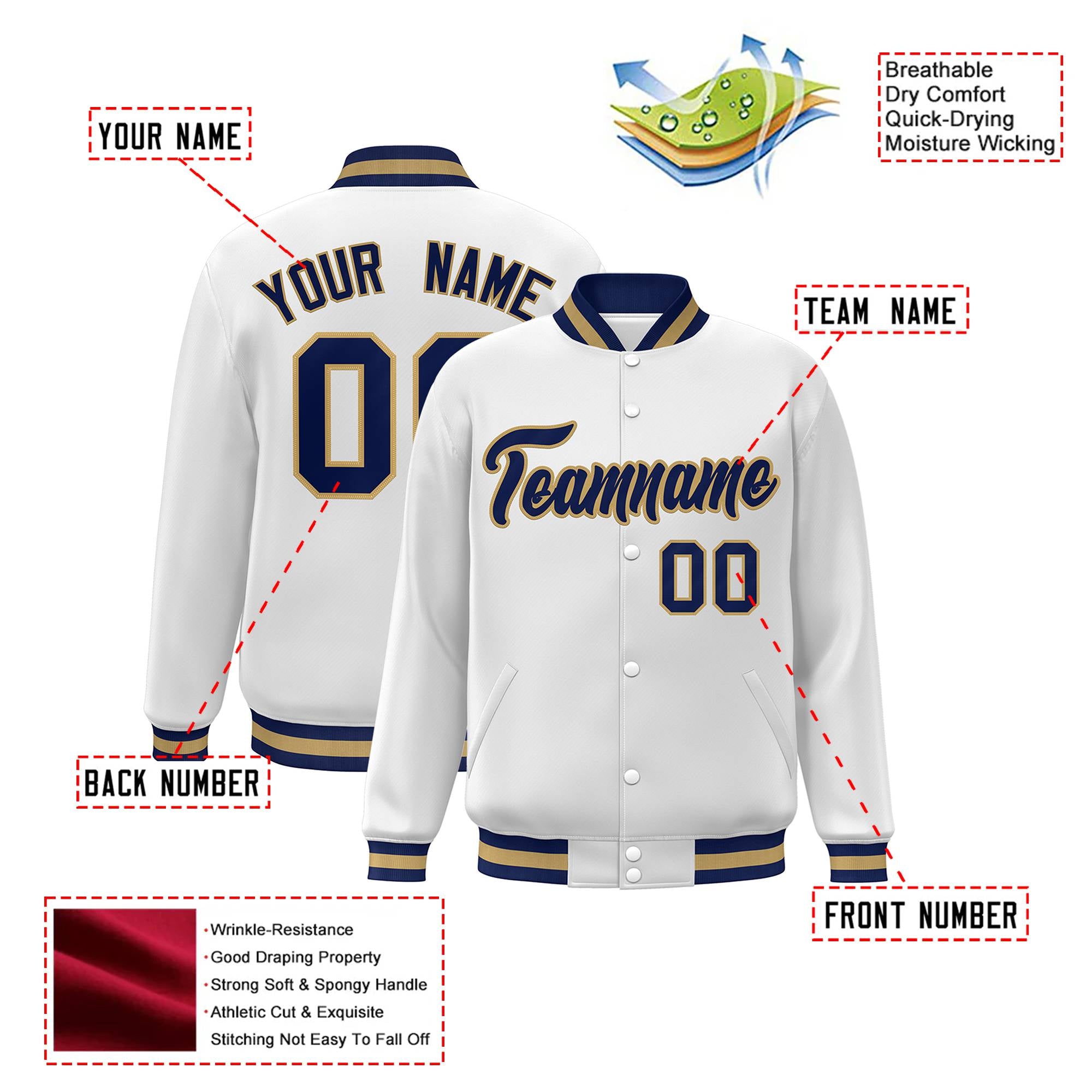 Custom White Navy Old-Gold Bomber Full-Snap Varsity Letterman Jacket