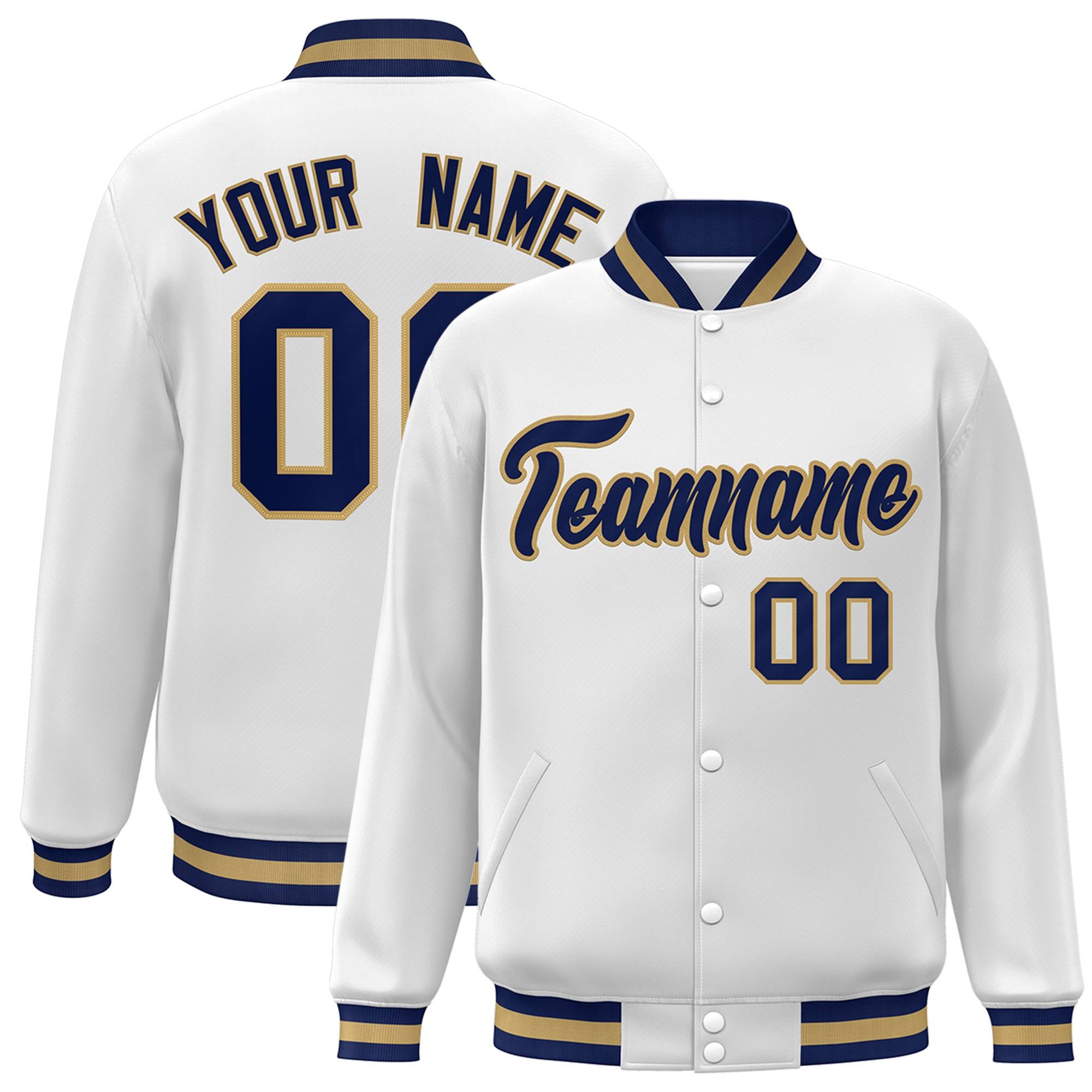 Custom White Navy Old-Gold Bomber Full-Snap Varsity Letterman Jacket