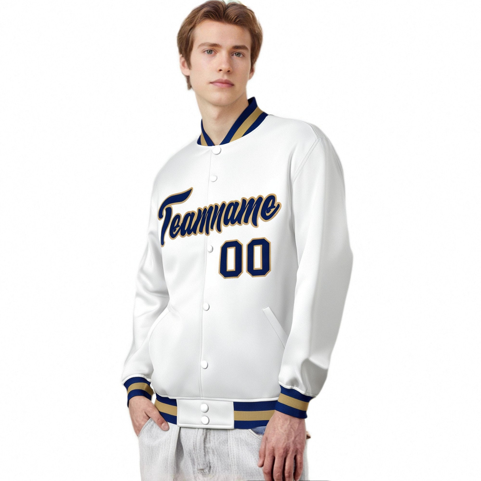 Custom White Navy Old-Gold Bomber Full-Snap Varsity Letterman Jacket