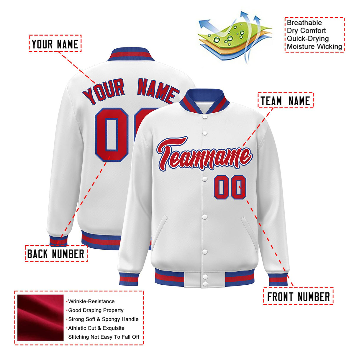 Custom White Red-Blue Bomber Full-Snap Varsity Letterman Jacket