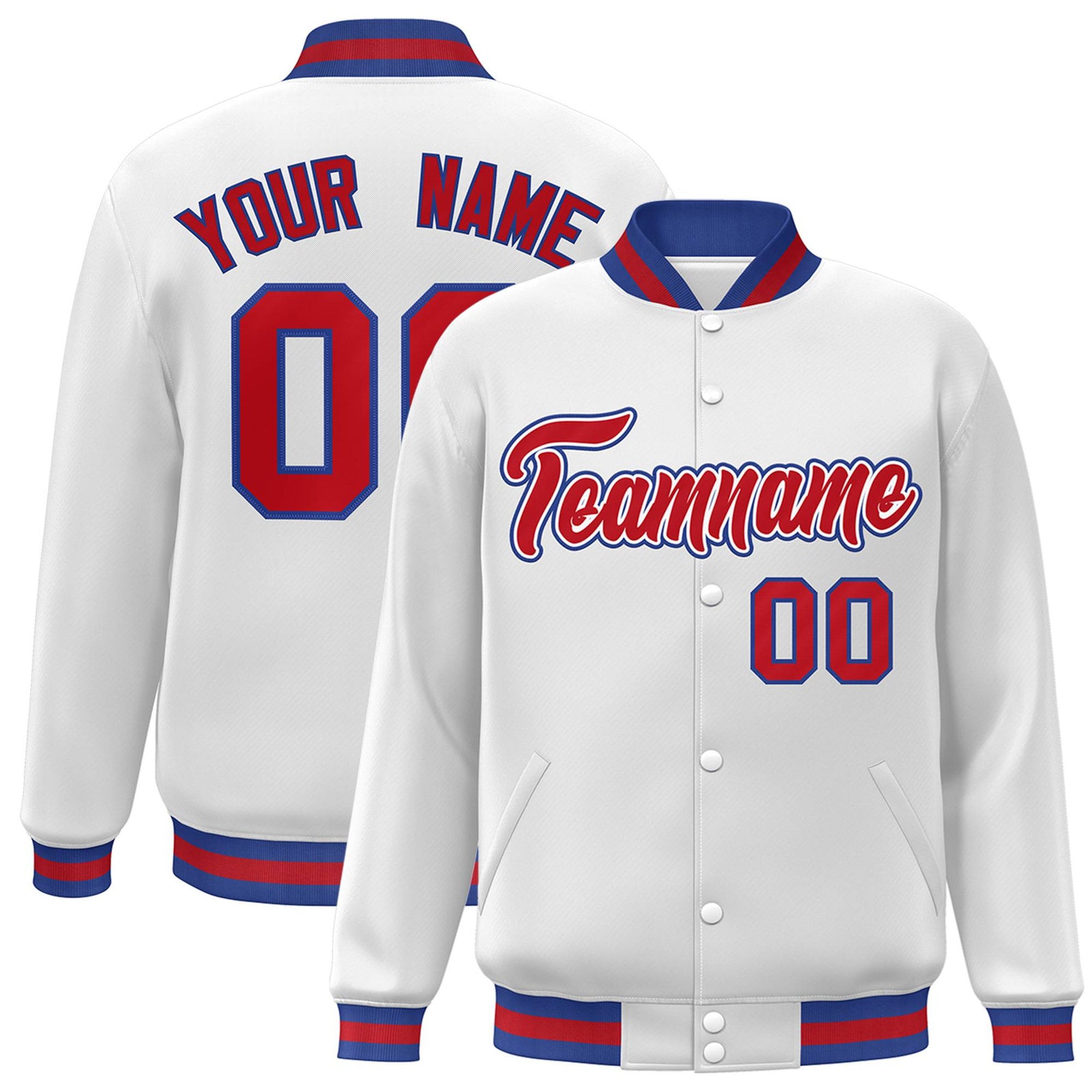 Custom White Red-Blue Bomber Full-Snap Varsity Letterman Jacket