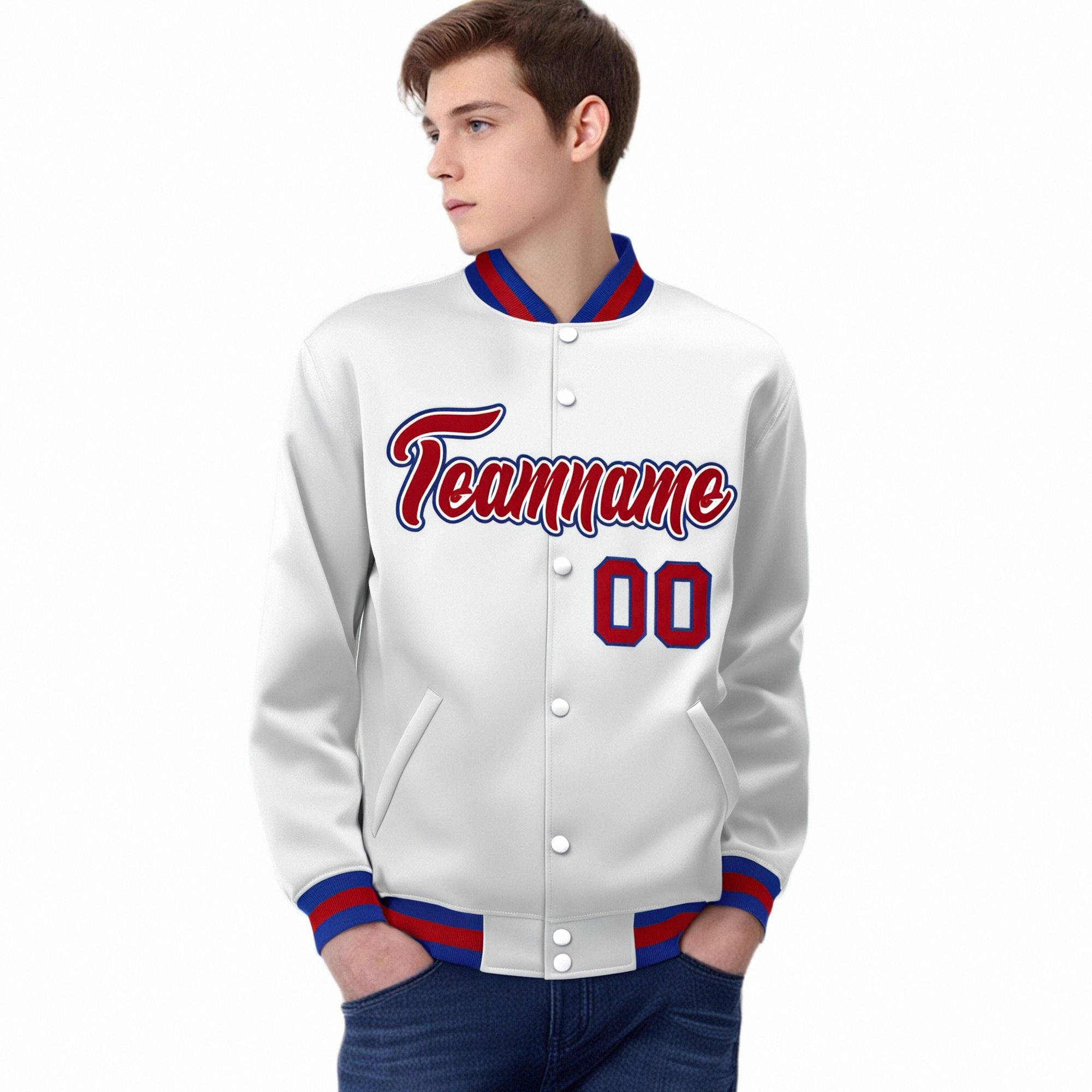 Custom White Red-Blue Bomber Full-Snap Varsity Letterman Jacket