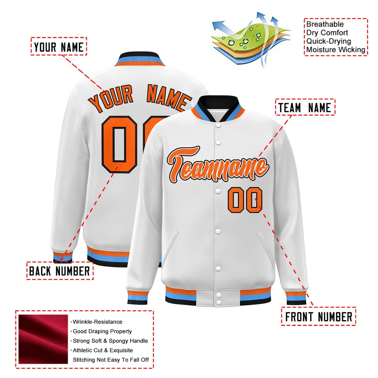 Custom White Orange Light-Blue Bomber Full-Snap Varsity Letterman Jacket