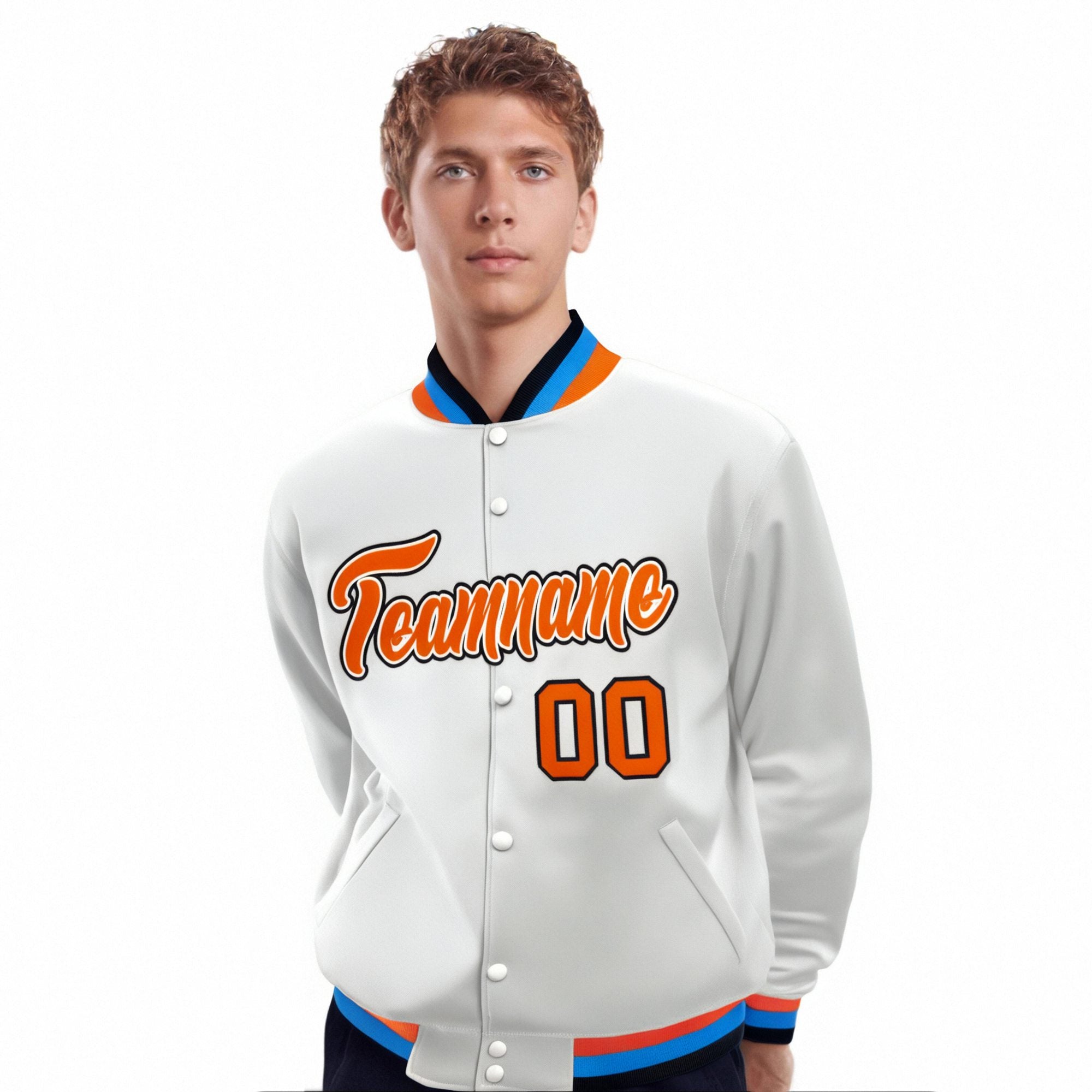 Custom White Orange Light-Blue Bomber Full-Snap Varsity Letterman Jacket