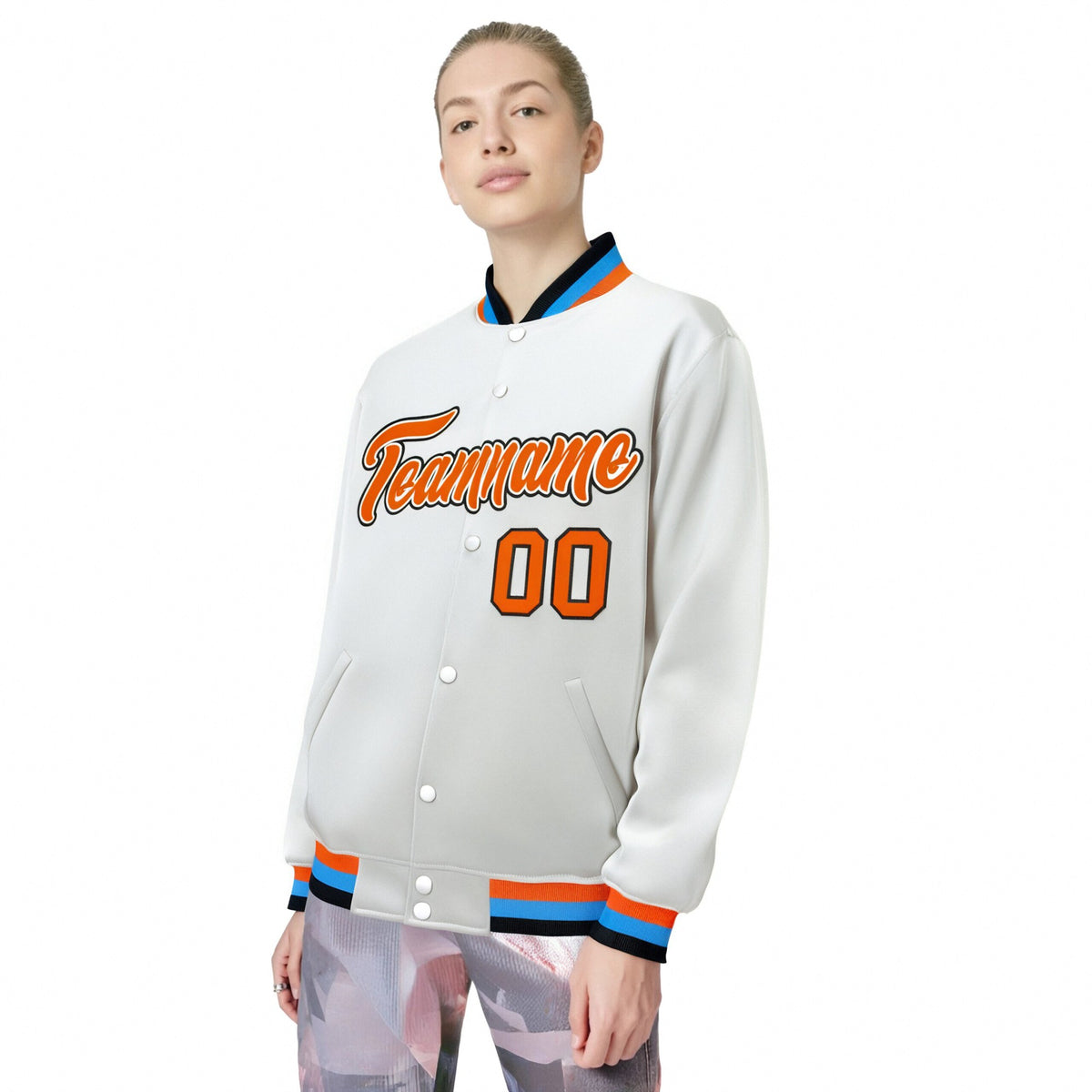 Custom White Orange Light-Blue Bomber Full-Snap Varsity Letterman Jacket