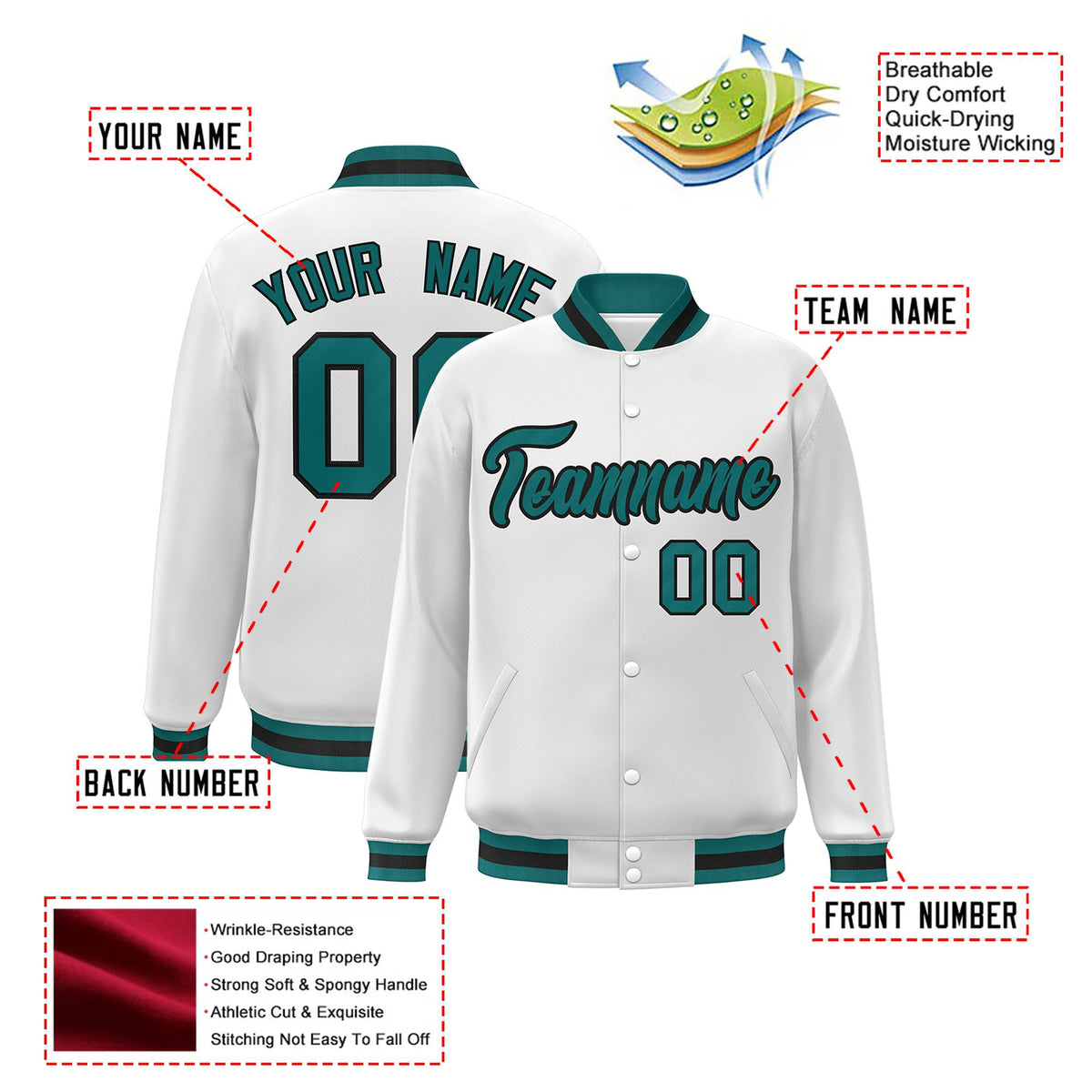 Custom White Aqua-Black Bomber Full-Snap Varsity Letterman Jacket