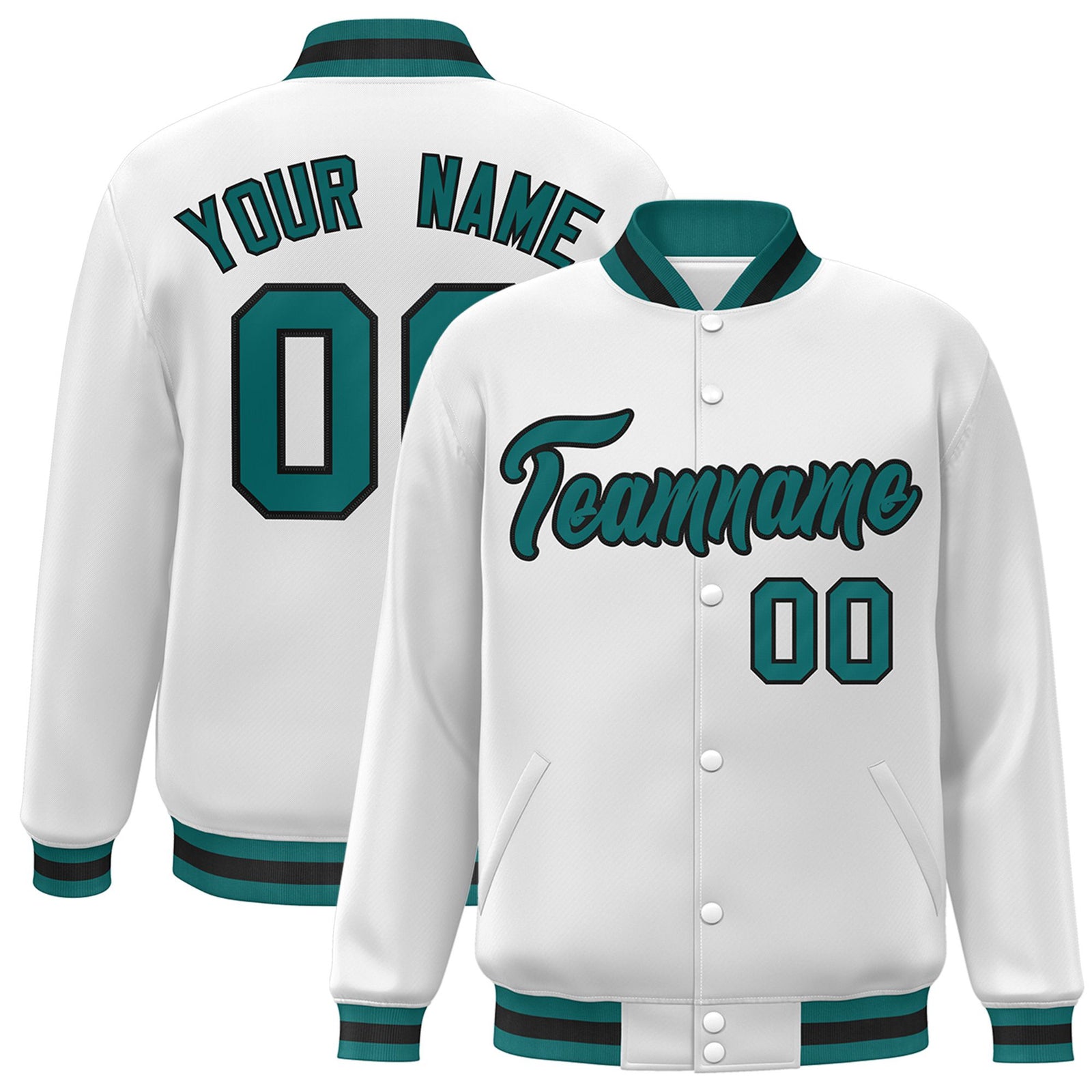 Custom White Aqua-Black Bomber Full-Snap Varsity Letterman Jacket