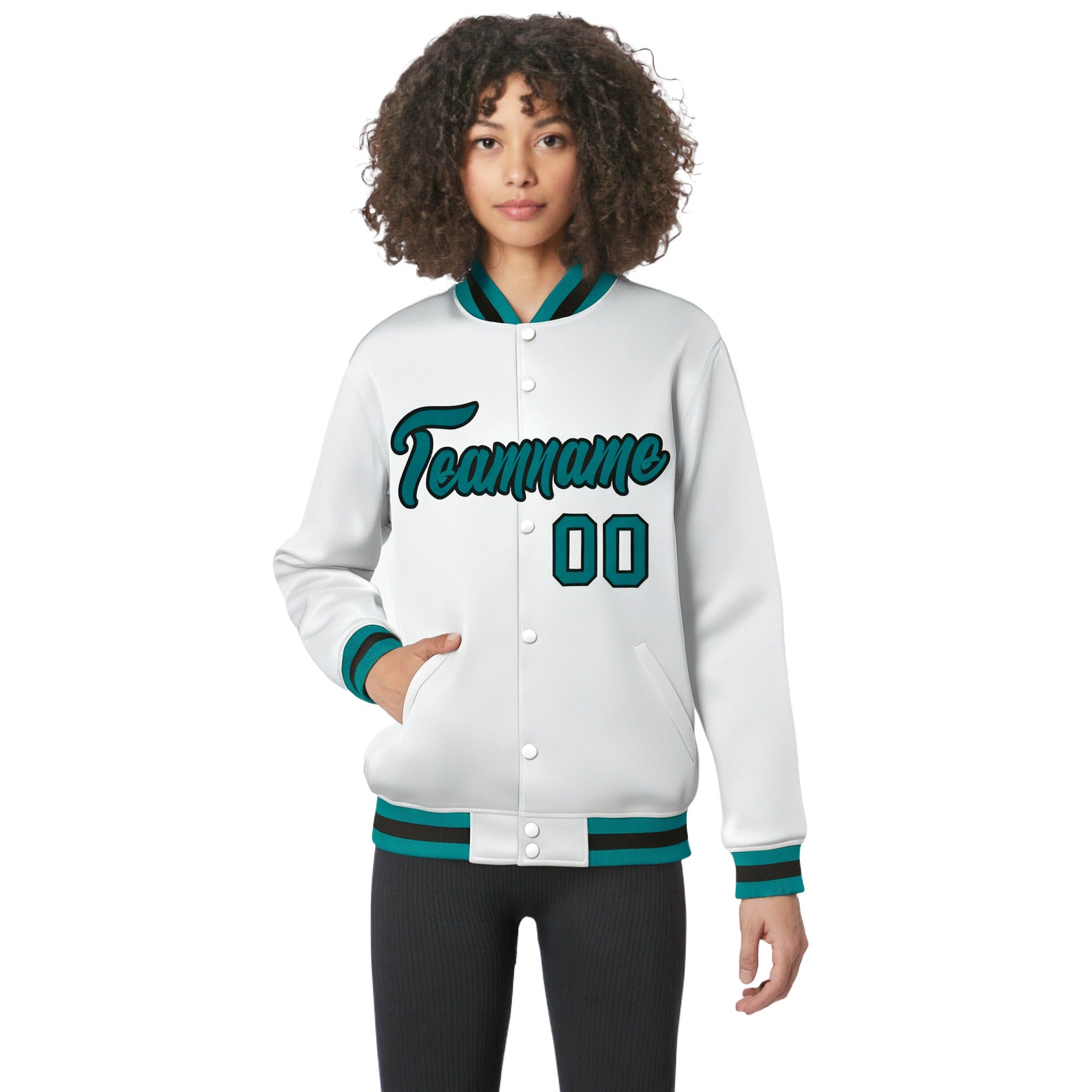 Custom White Aqua-Black Bomber Full-Snap Varsity Letterman Jacket