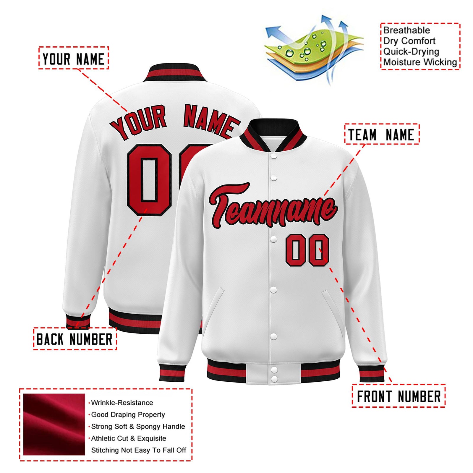 Custom White Red-Black Bomber Full-Snap Varsity Letterman Jacket