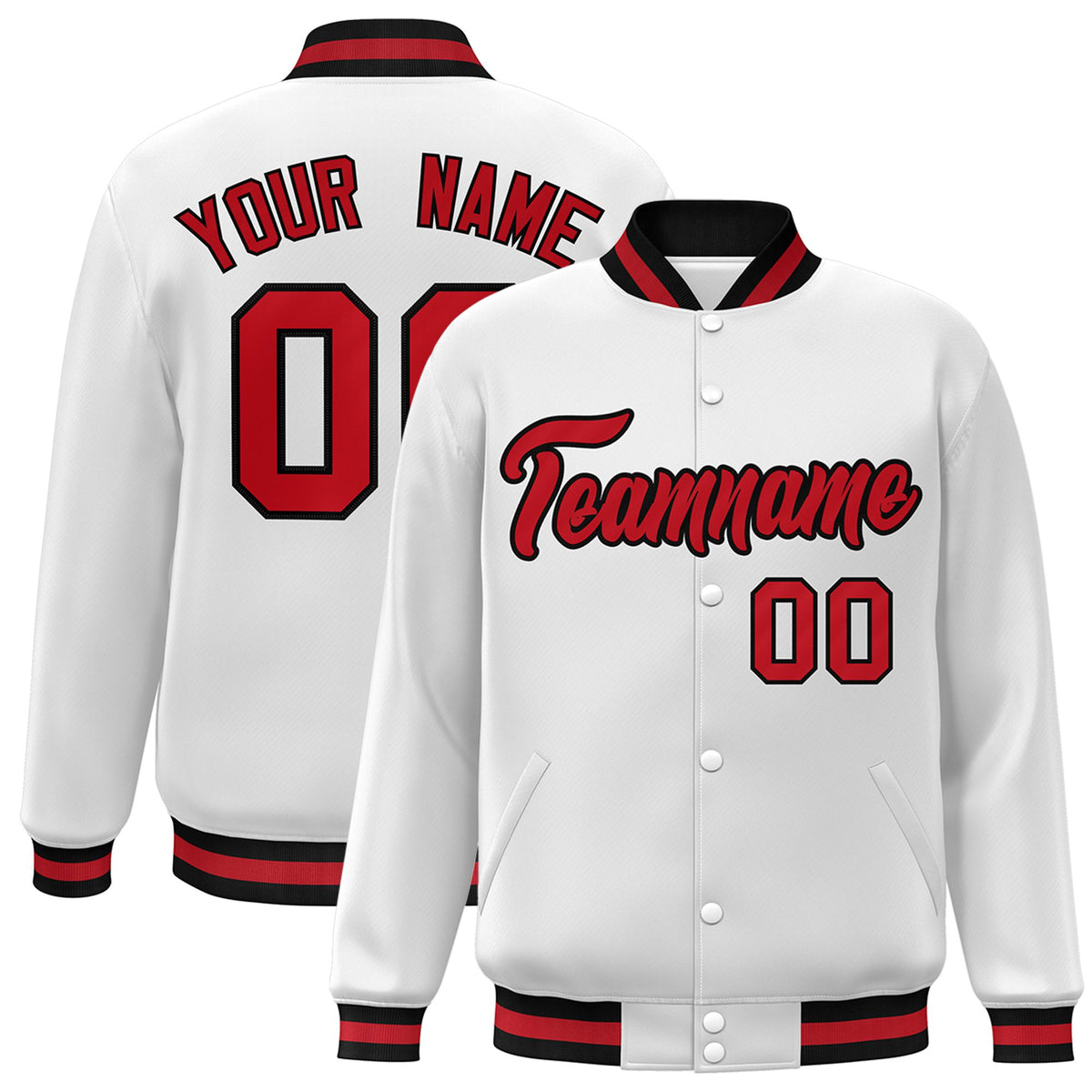 Custom White Red-Black Bomber Full-Snap Varsity Letterman Jacket