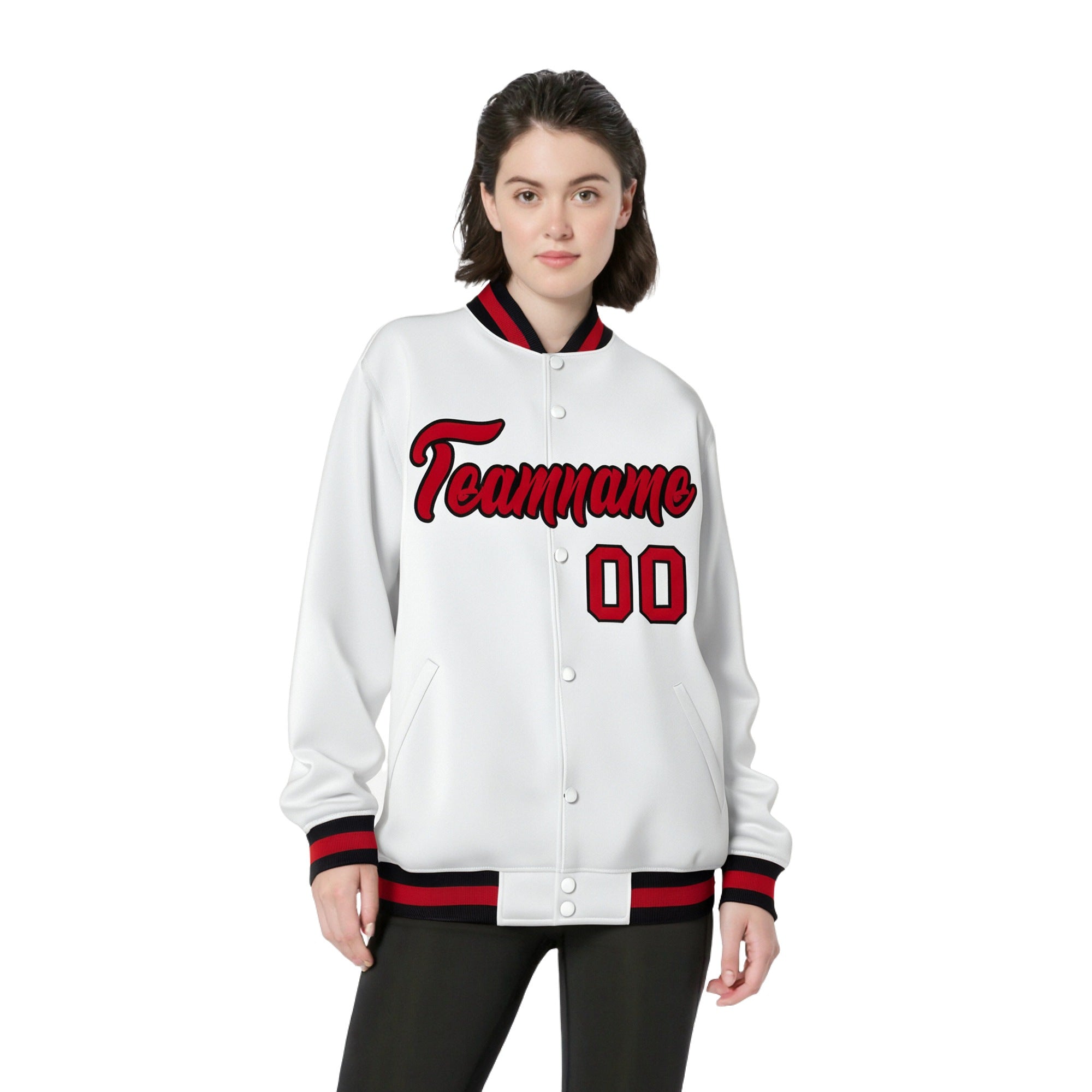 Custom White Red-Black Bomber Full-Snap Varsity Letterman Jacket