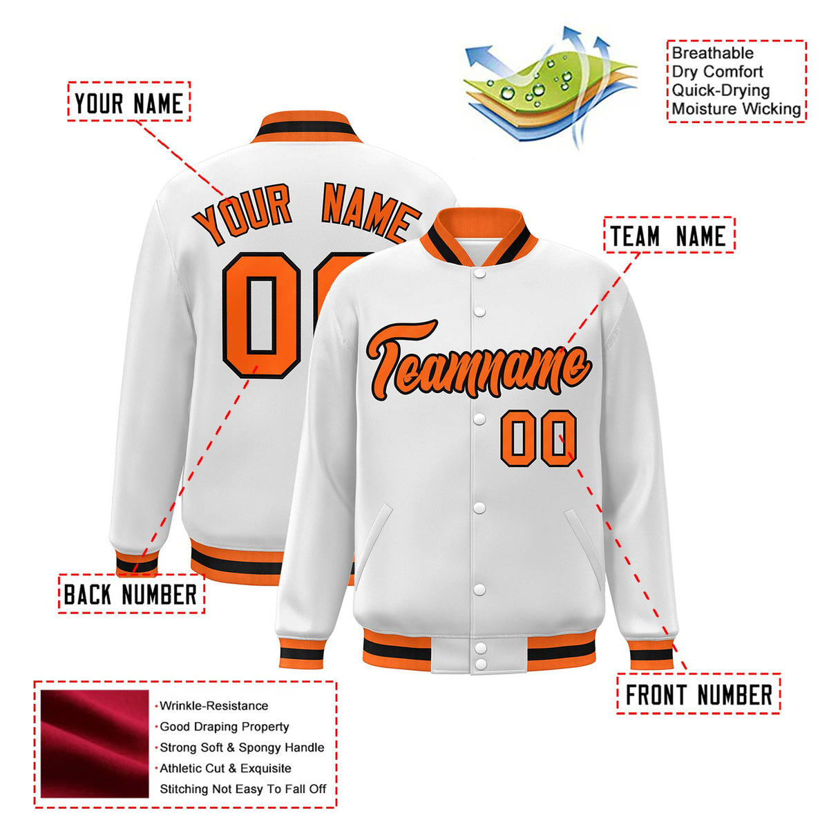 Custom White Orange-Black Bomber Full-Snap Varsity Letterman Jacket