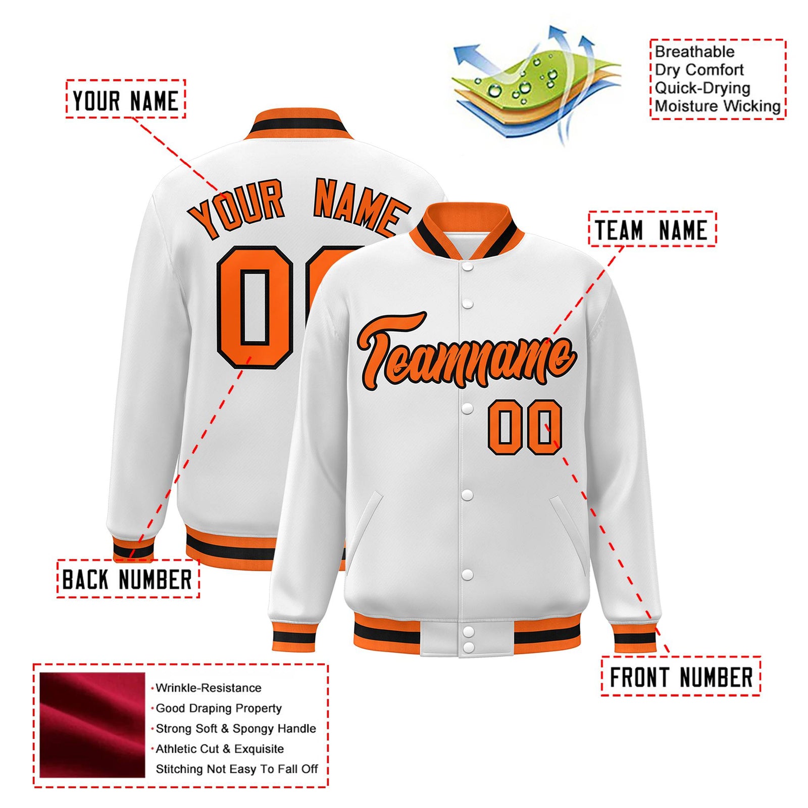 Custom White Orange-Black Bomber Full-Snap Varsity Letterman Jacket
