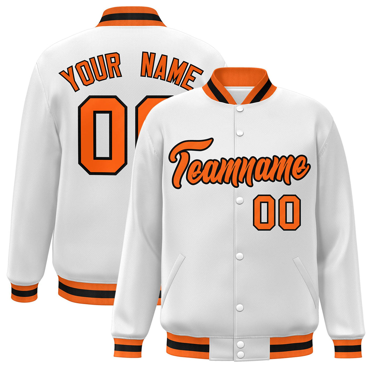 Custom White Orange-Black Bomber Full-Snap Varsity Letterman Jacket