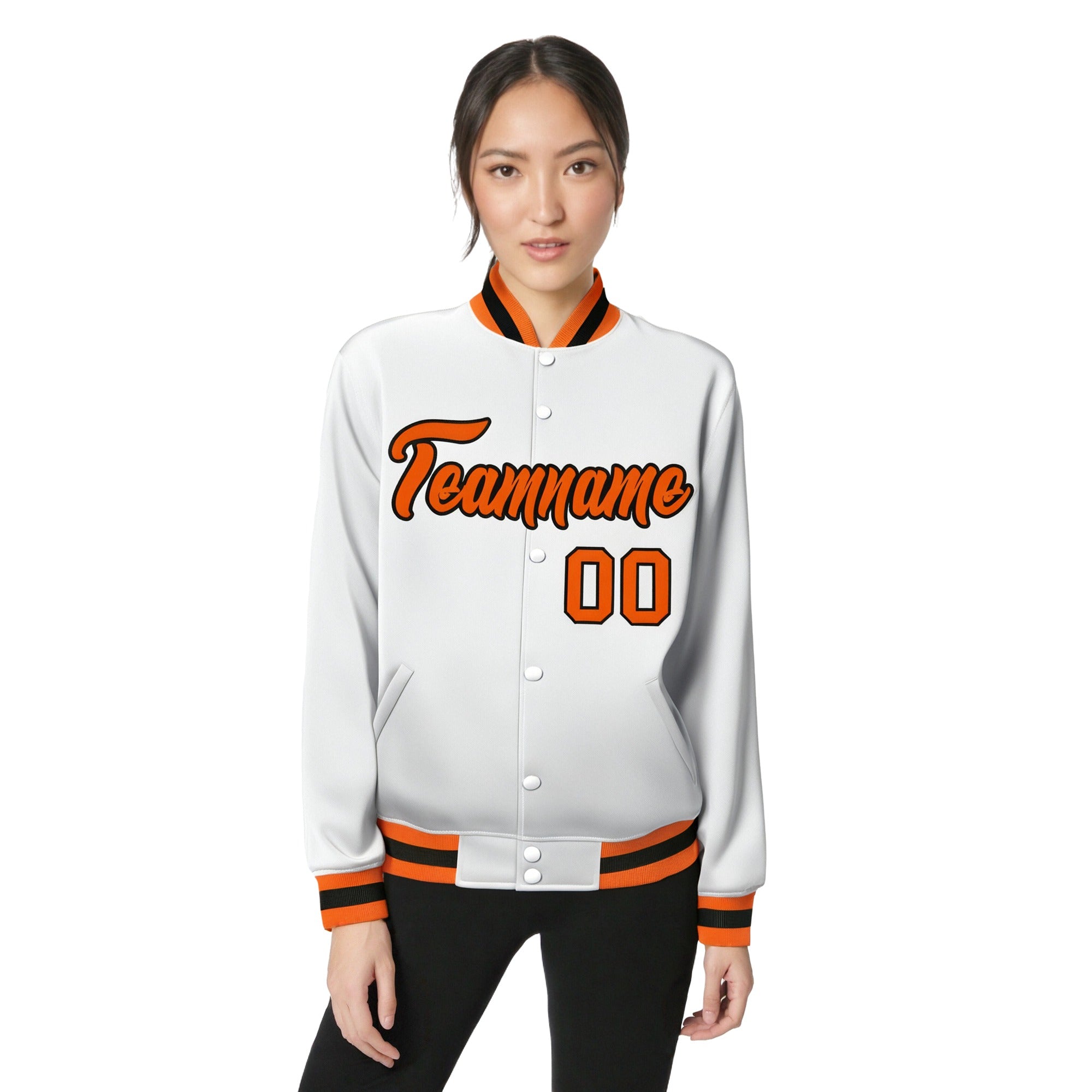 Custom White Orange-Black Bomber Full-Snap Varsity Letterman Jacket