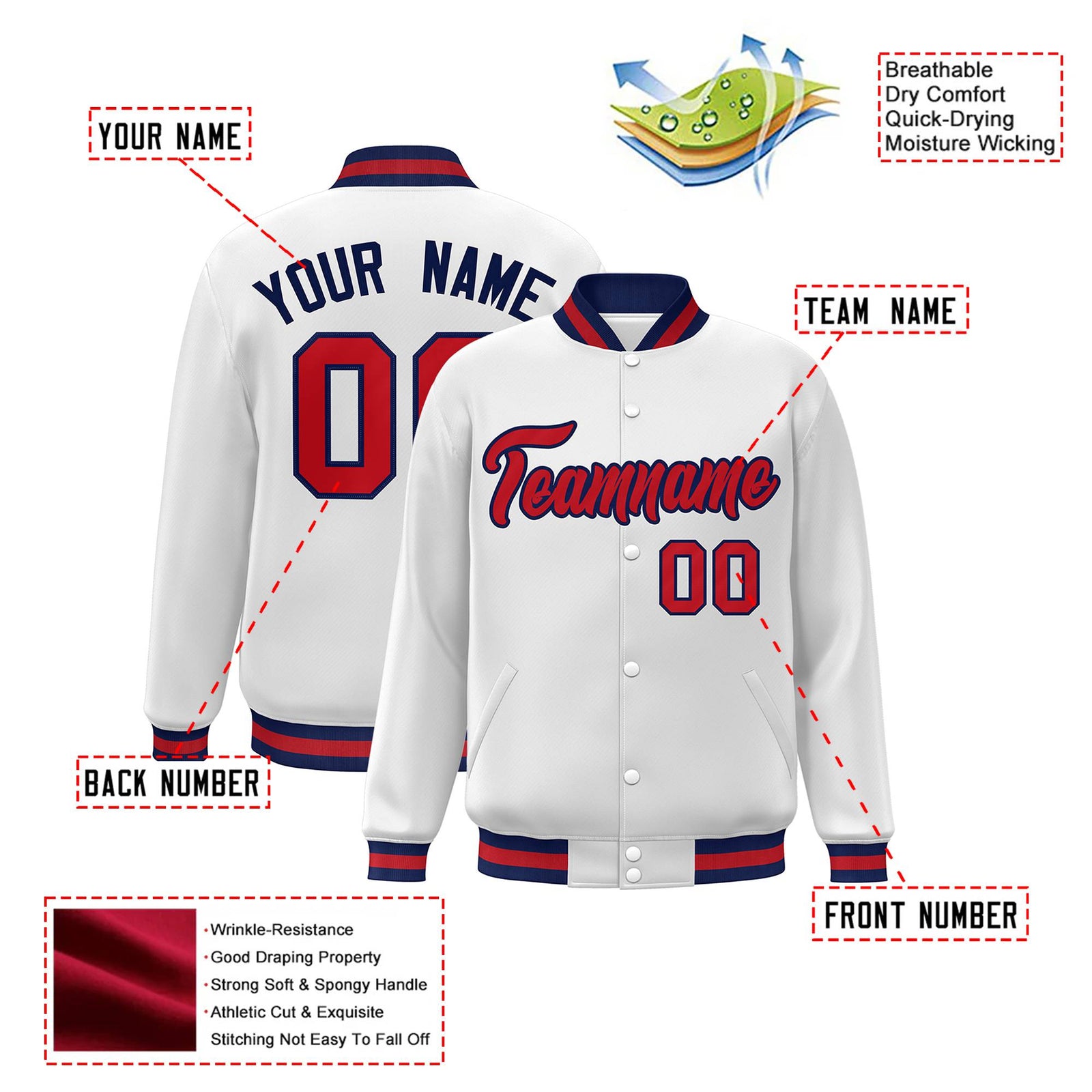 Custom White Red-Navy Bomber Full-Snap Varsity Letterman Jacket