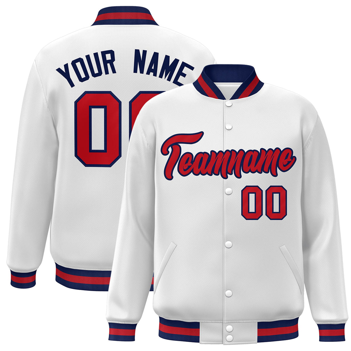 Custom White Red-Navy Bomber Full-Snap Varsity Letterman Jacket
