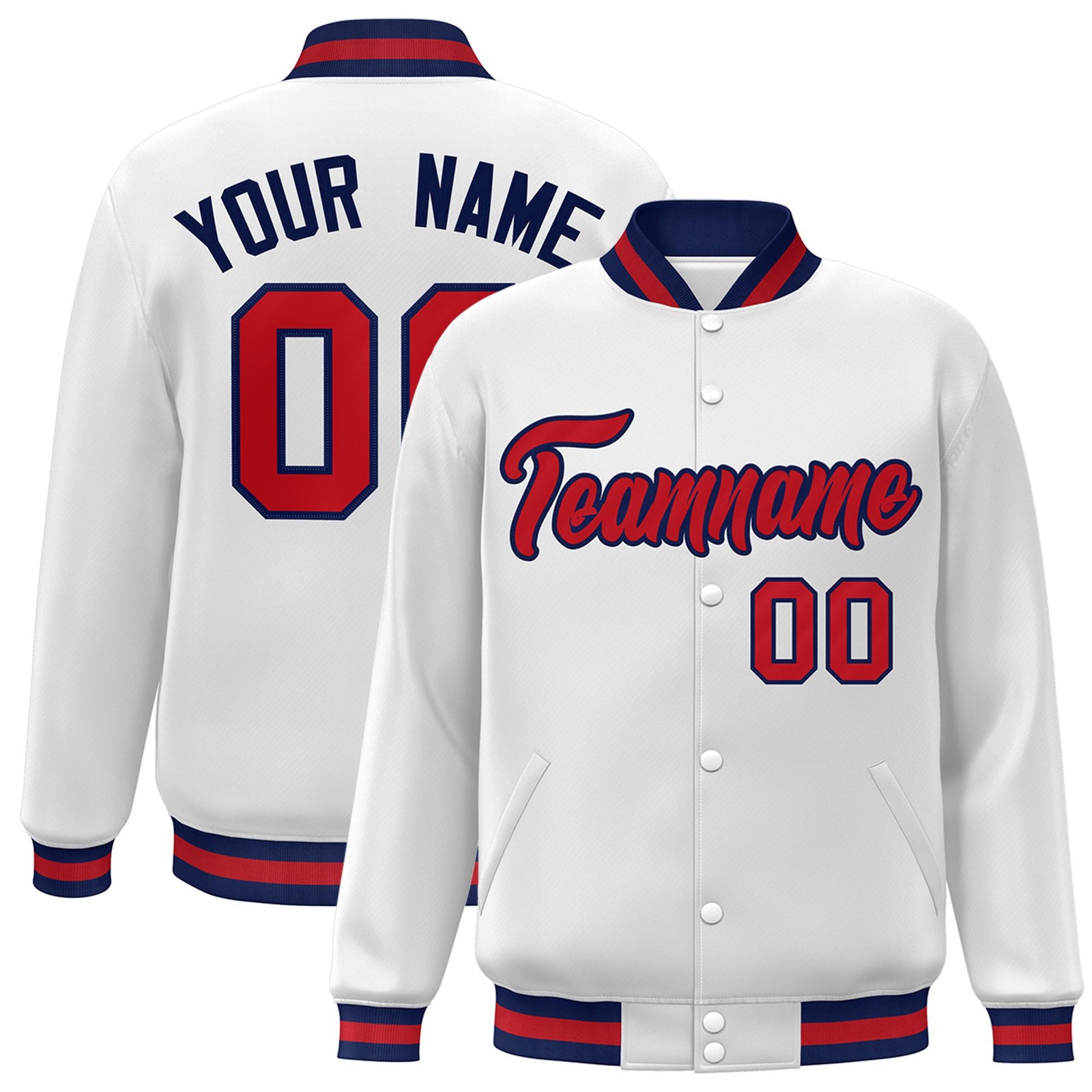Custom White Red-Navy Bomber Full-Snap Varsity Letterman Jacket