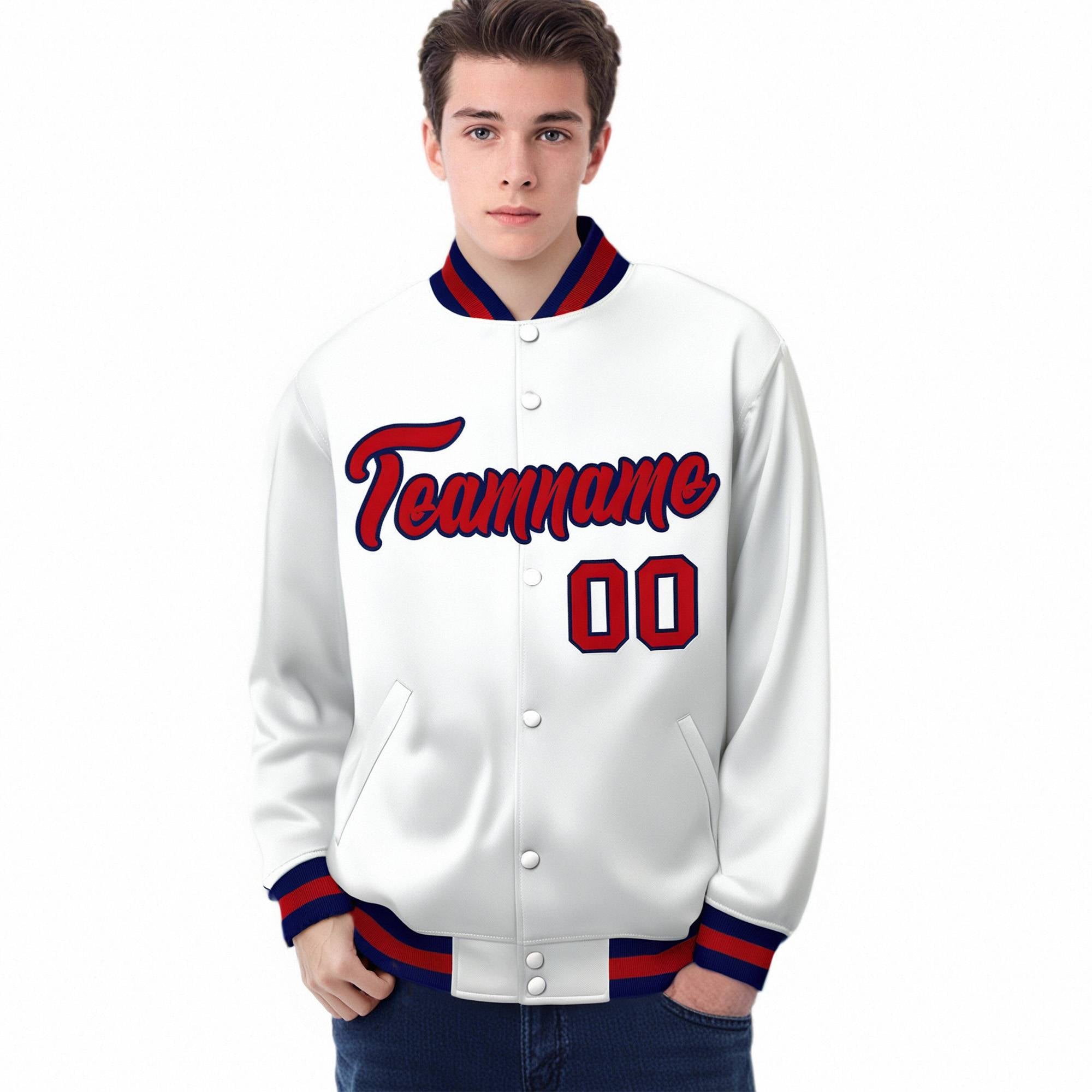 Custom White Red-Navy Bomber Full-Snap Varsity Letterman Jacket