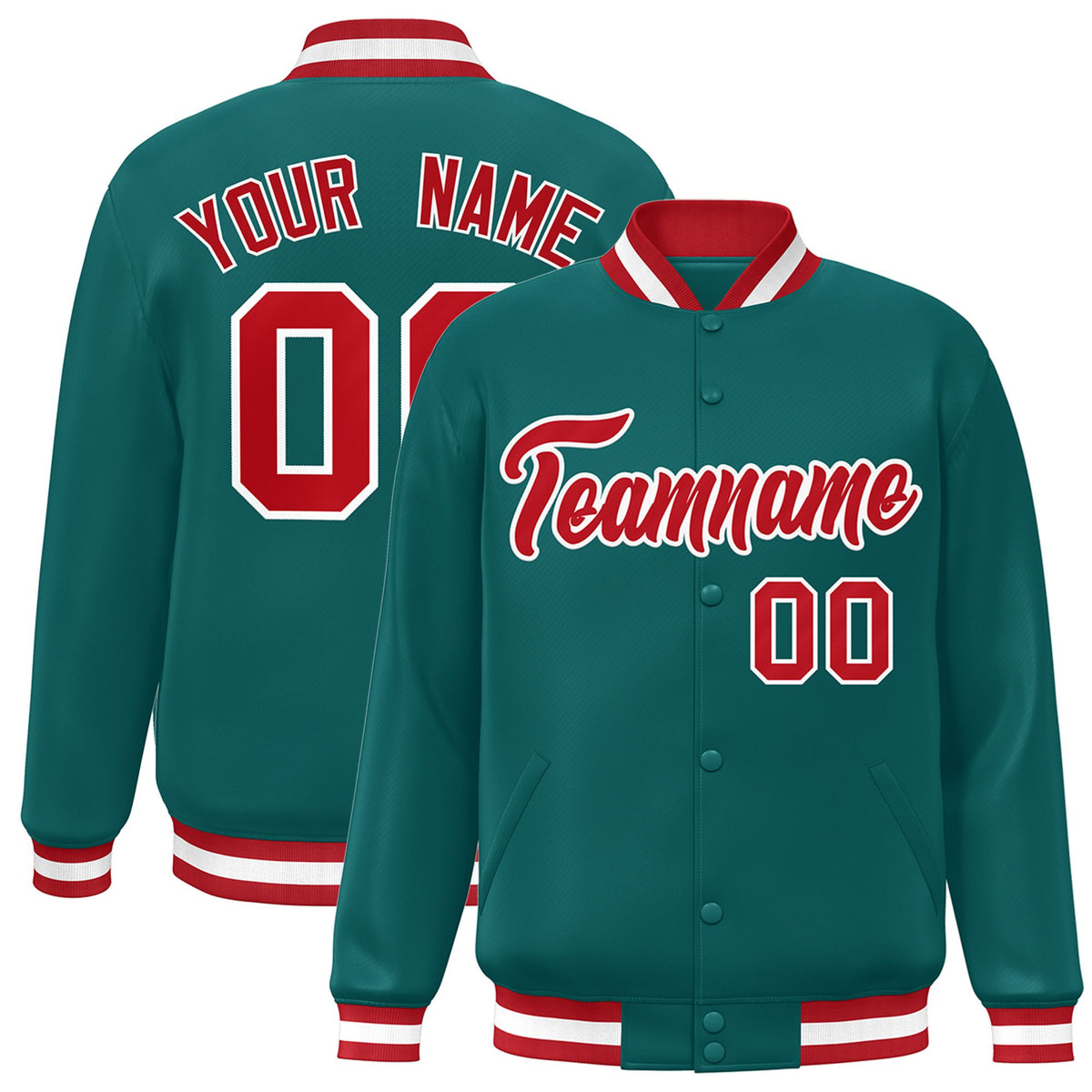 Custom Aqua Red-White Bomber Full-Snap Varsity Letterman Jacket