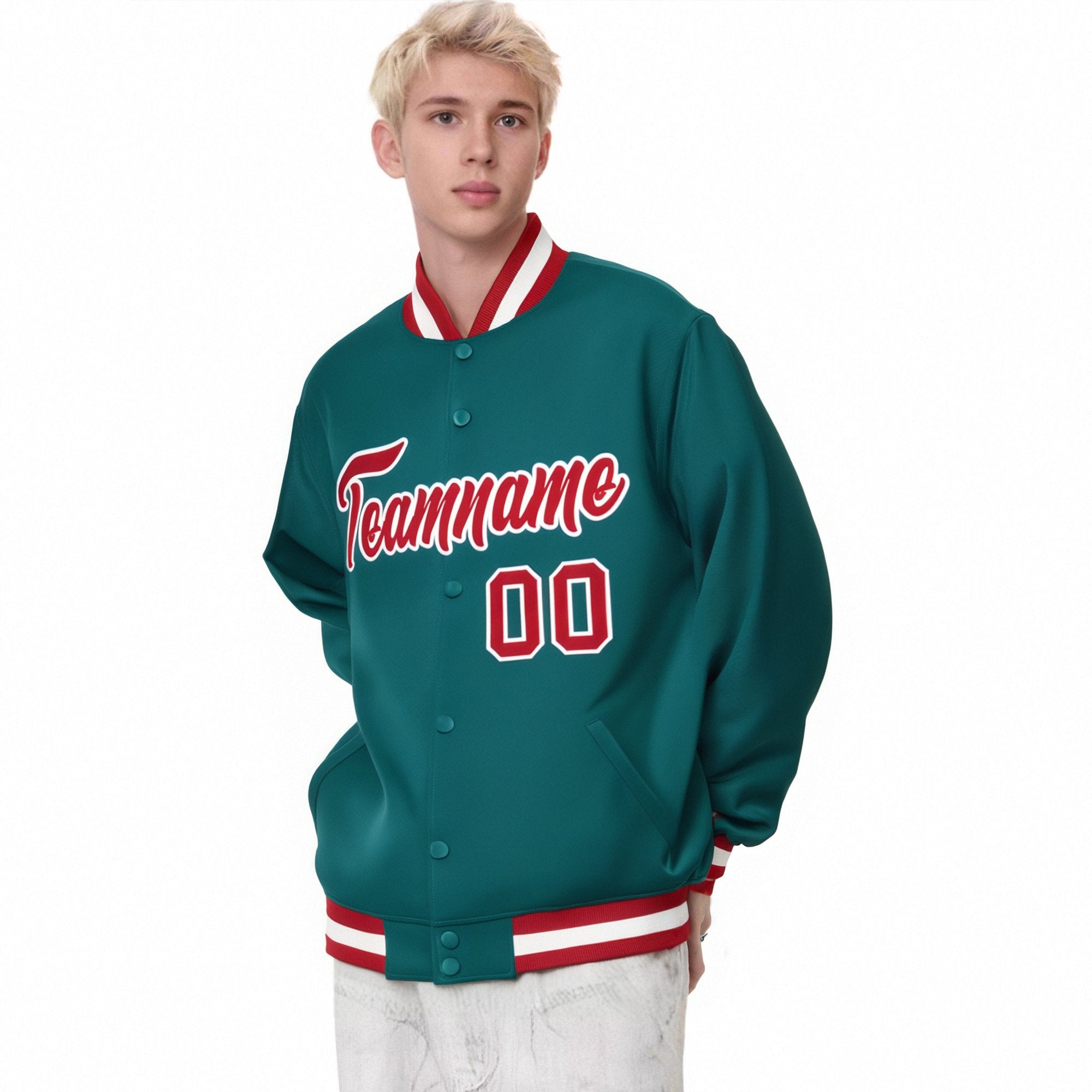 Custom Aqua Red-White Bomber Full-Snap Varsity Letterman Jacket