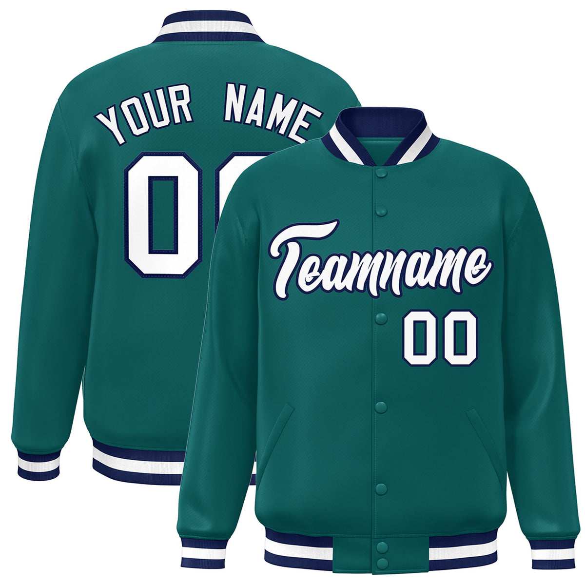 Custom Aqua White-Navy Bomber Full-Snap Varsity Letterman Jacket