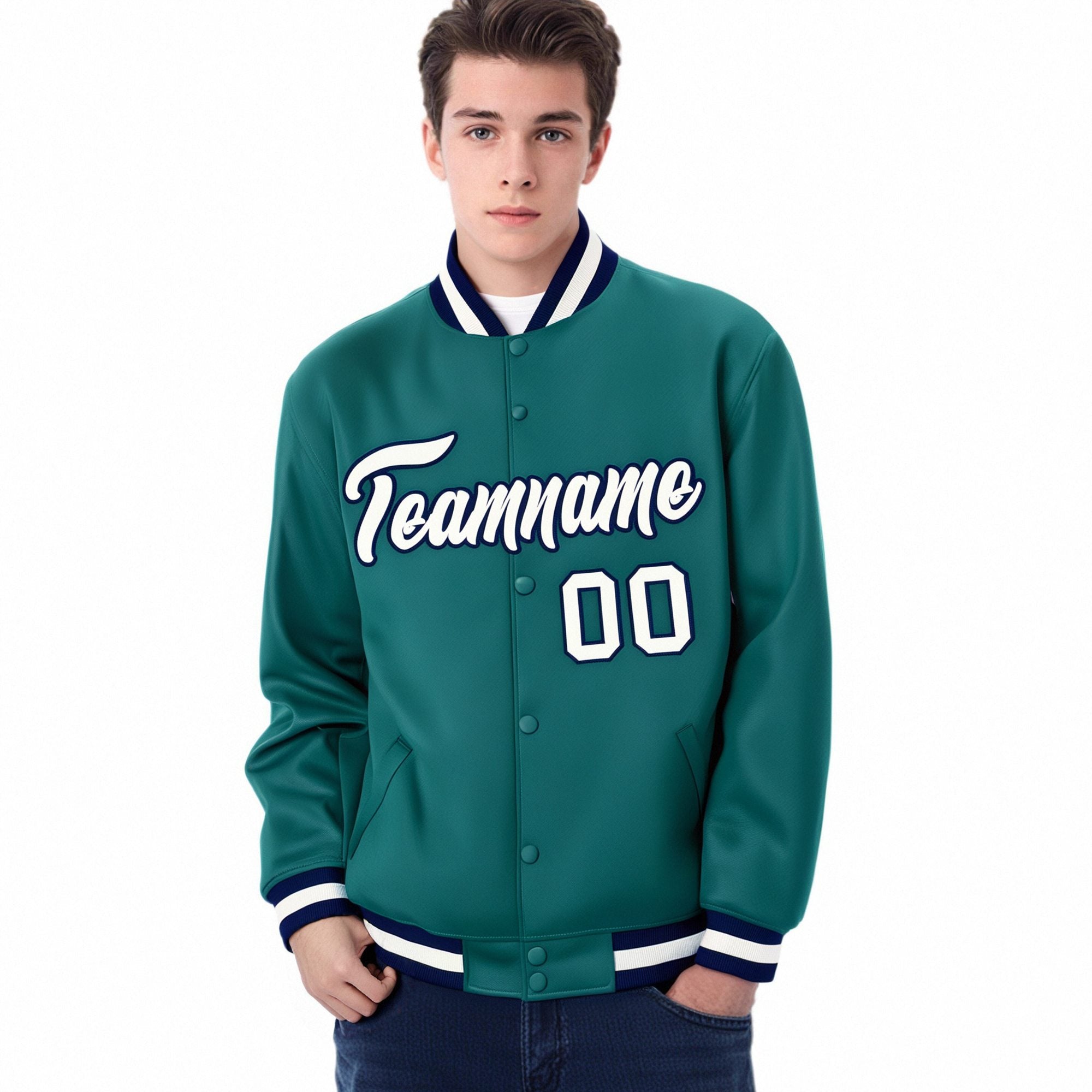 Custom Aqua White-Navy Bomber Full-Snap Varsity Letterman Jacket