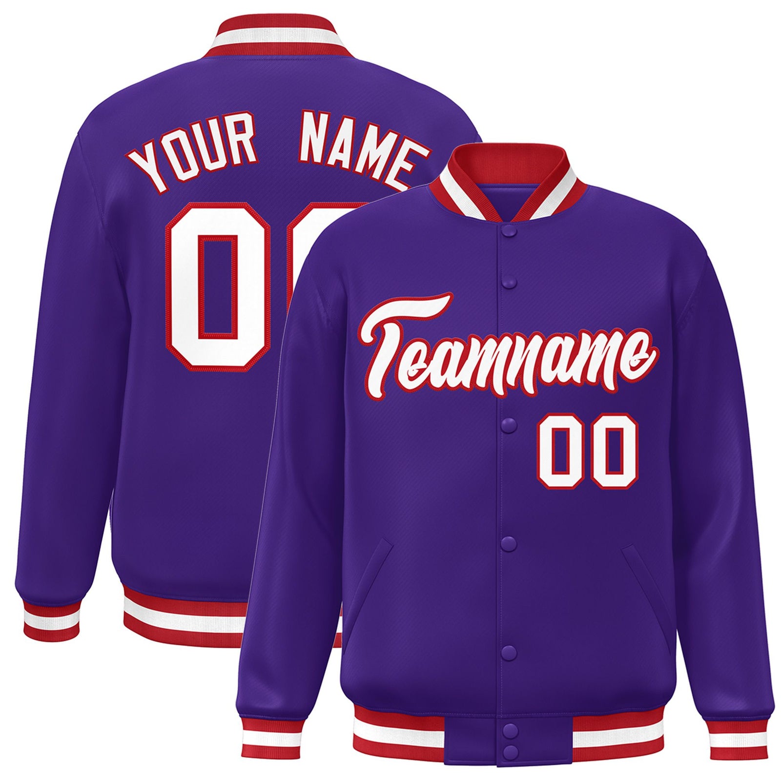 Custom Purple White-Red Bomber Full-Snap Varsity Letterman Jacket