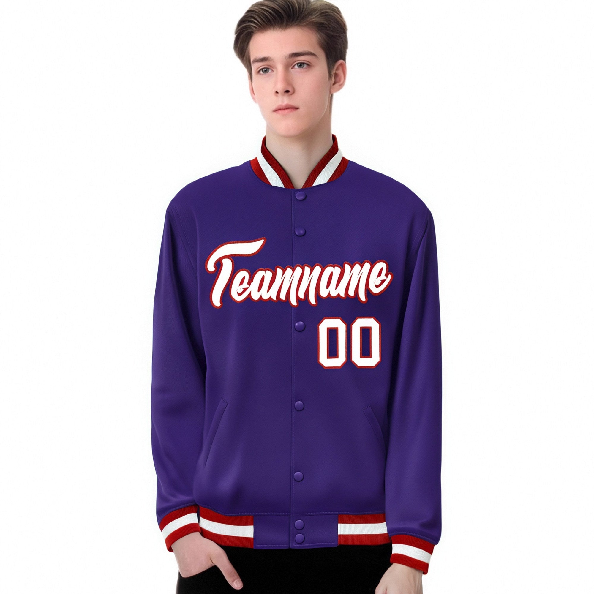 Custom Purple White-Red Bomber Full-Snap Varsity Letterman Jacket