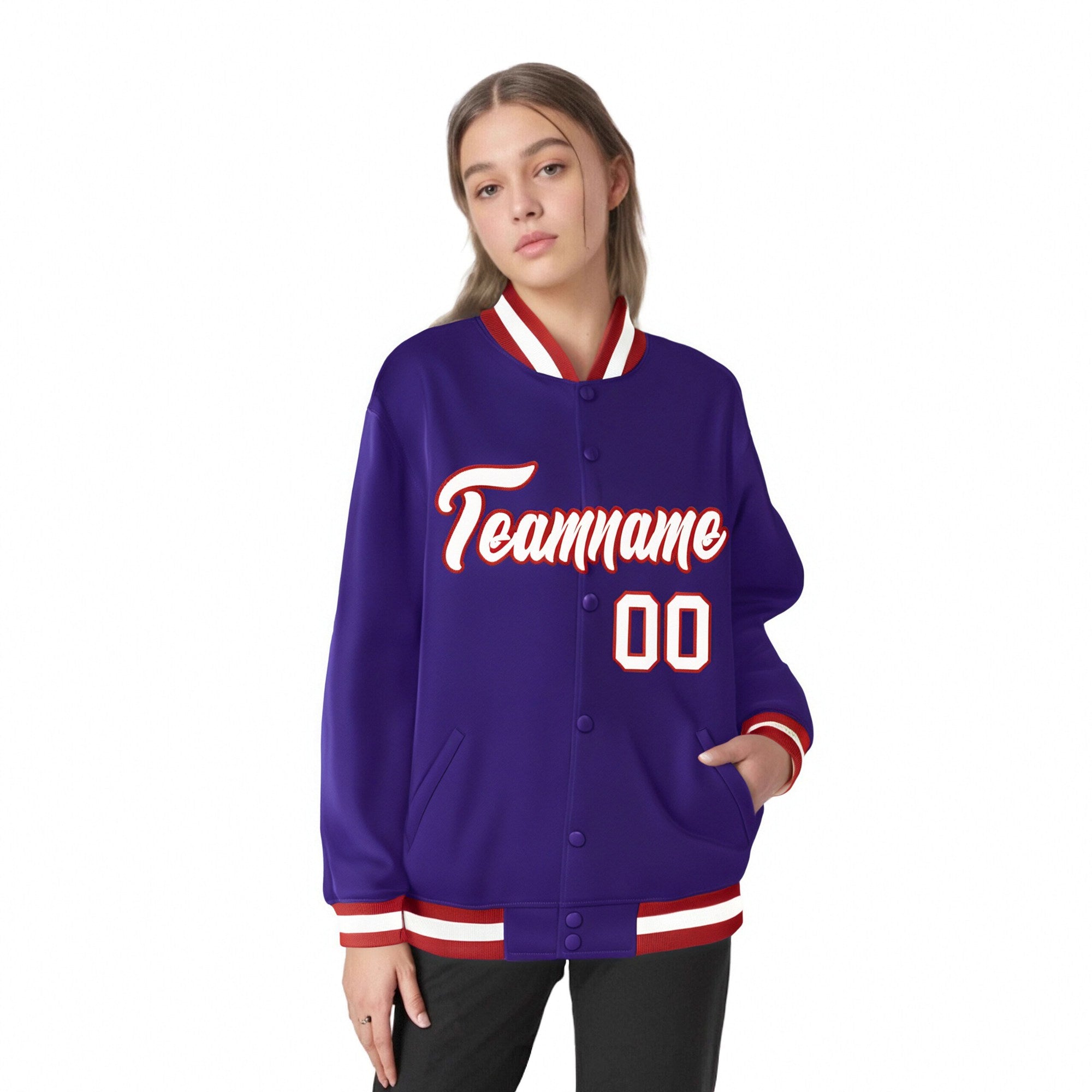 Custom Purple White-Red Bomber Full-Snap Varsity Letterman Jacket