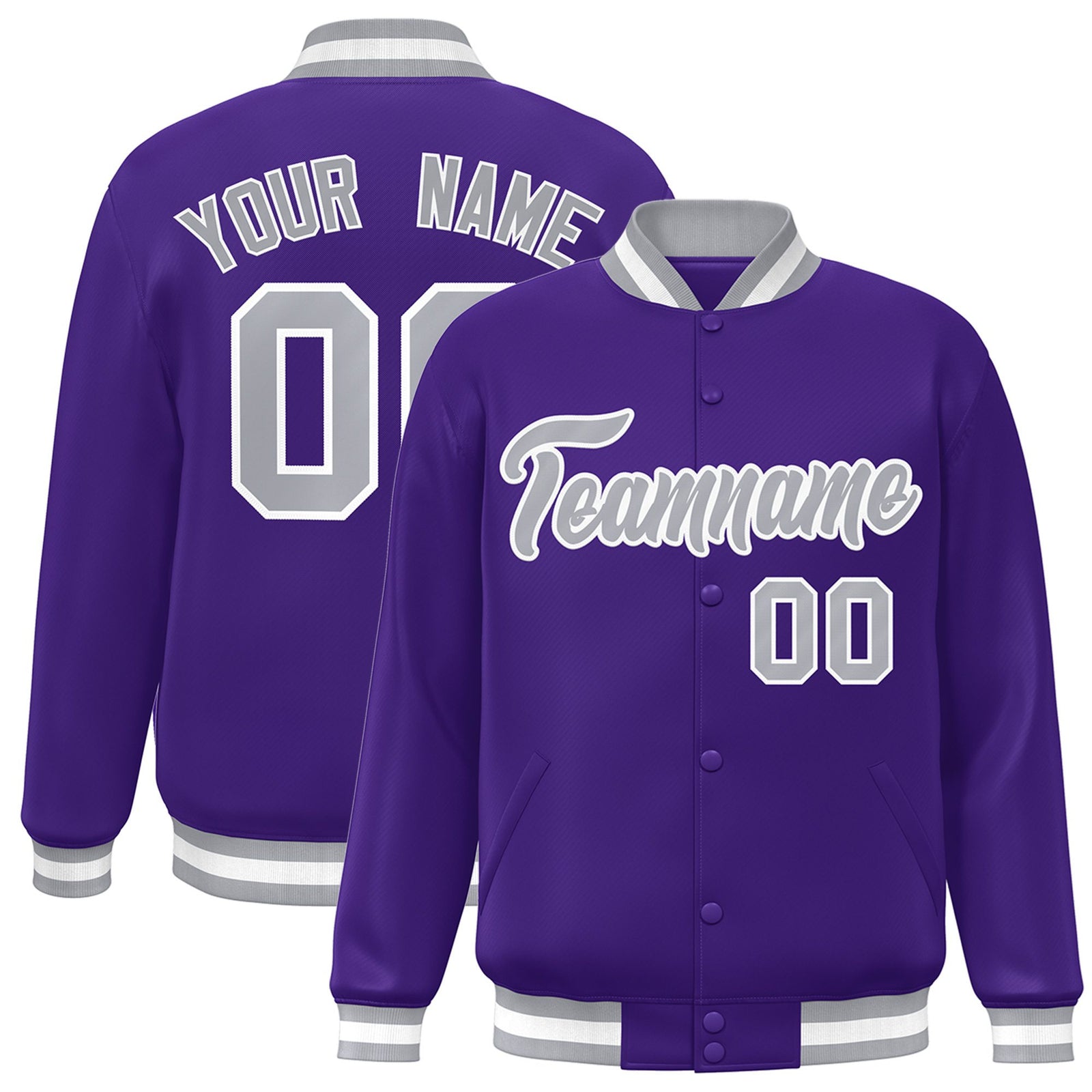 Custom Purple Gray-White Bomber Full-Snap Varsity Letterman Jacket