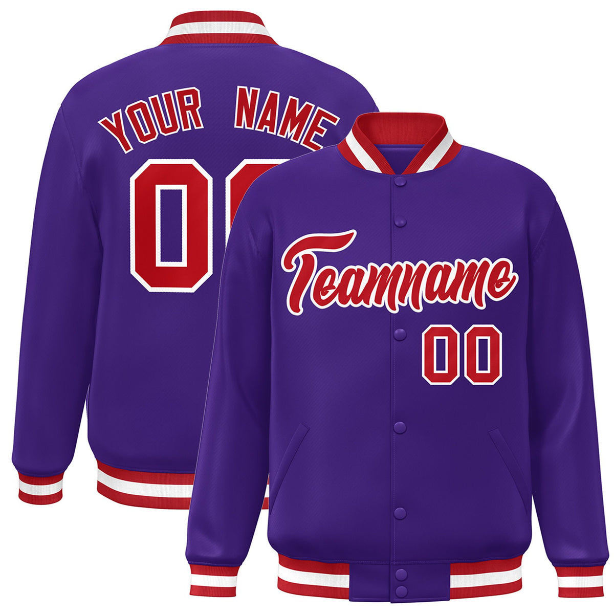 Custom Purple Red-White Bomber Full-Snap Varsity Letterman Jacket