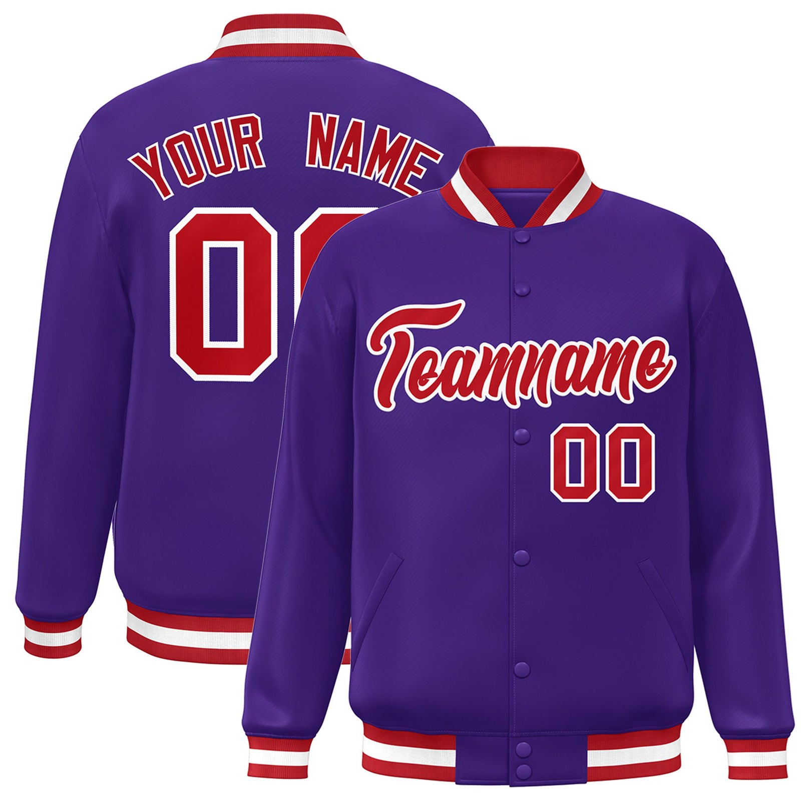 Custom Purple Red-White Bomber Full-Snap Varsity Letterman Jacket