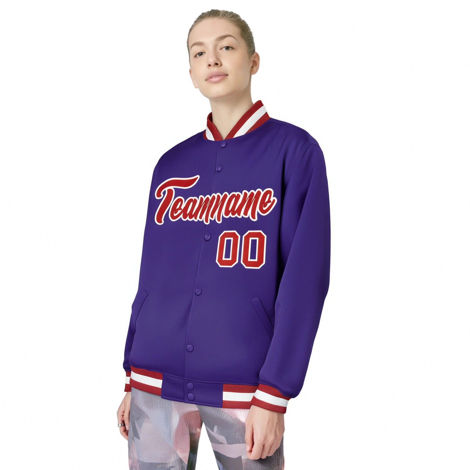 Custom Purple Red-White Bomber Full-Snap Varsity Letterman Jacket