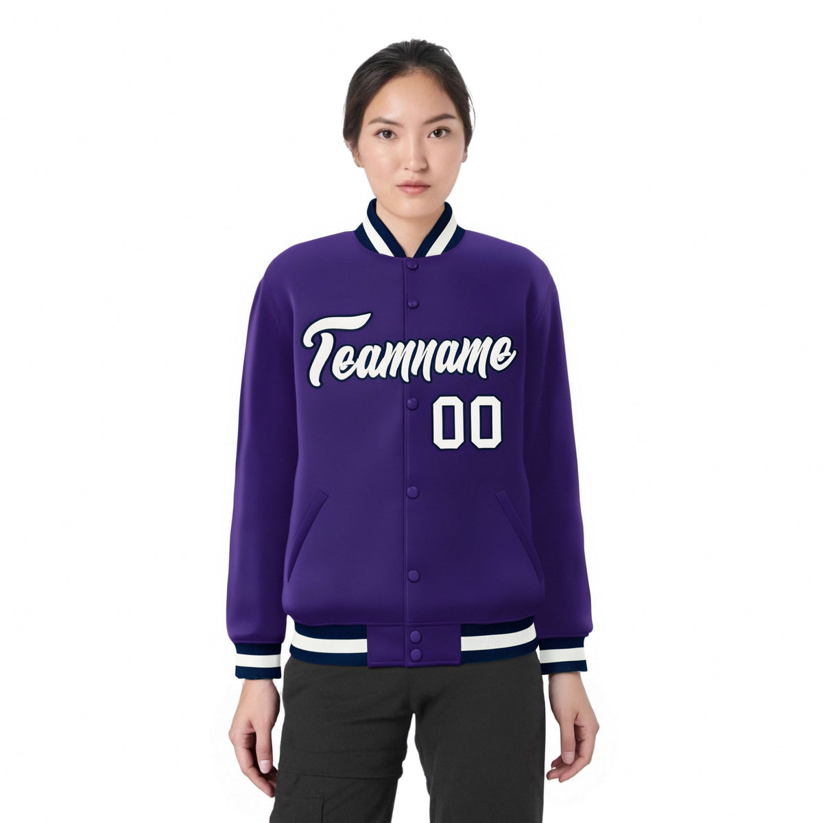 Custom Purple White-Navy Bomber Full-Snap Varsity Letterman Jacket