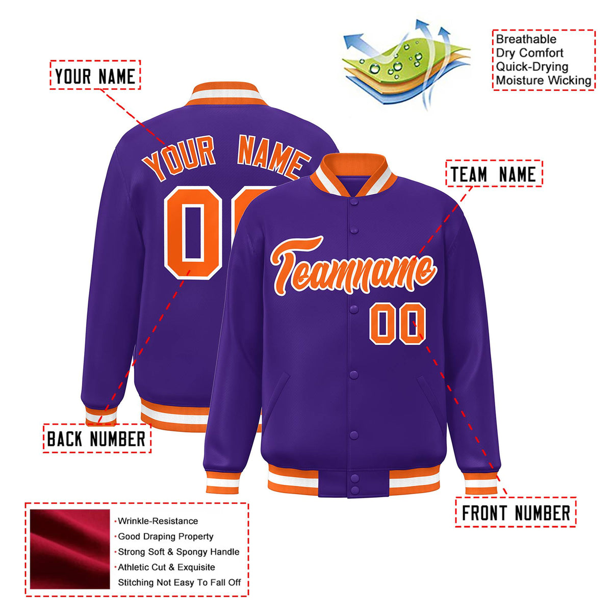Custom Purple Orange-White Bomber Full-Snap Varsity Letterman Jacket