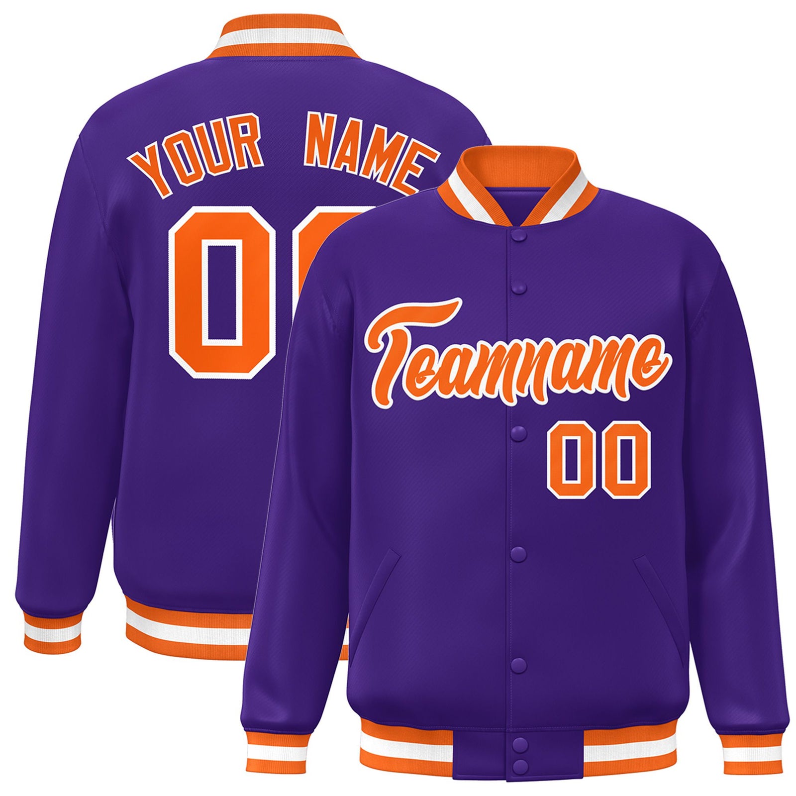 Custom Purple Orange-White Bomber Full-Snap Varsity Letterman Jacket