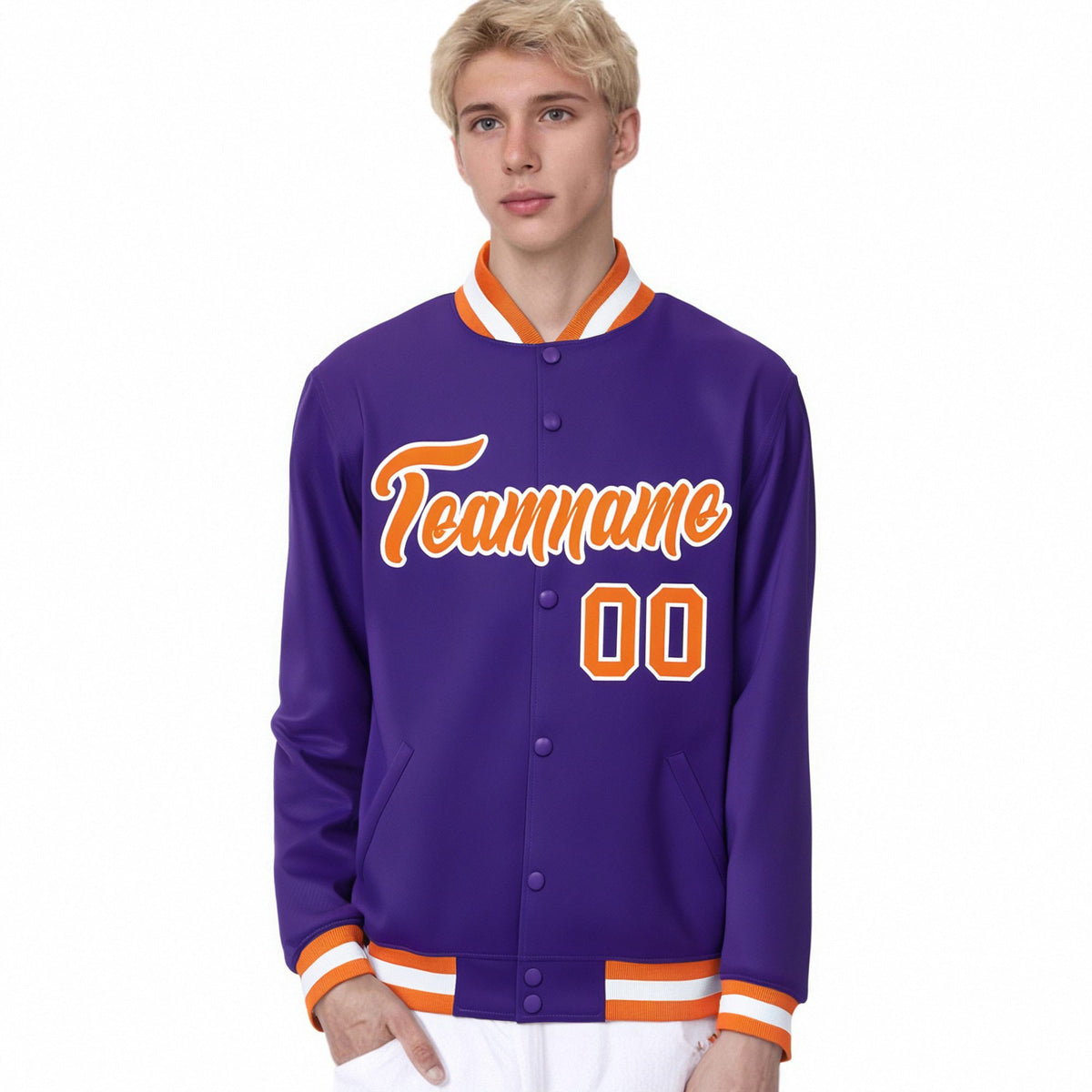 Custom Purple Orange-White Bomber Full-Snap Varsity Letterman Jacket