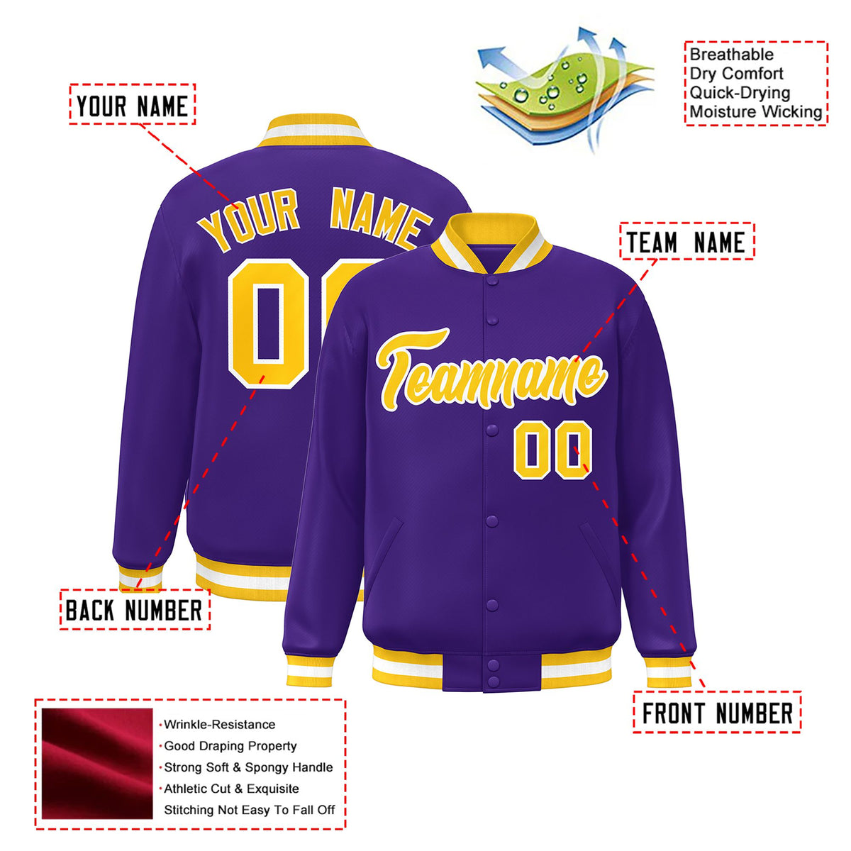 Custom Purple Gold-White Bomber Full-Snap Varsity Letterman Jacket