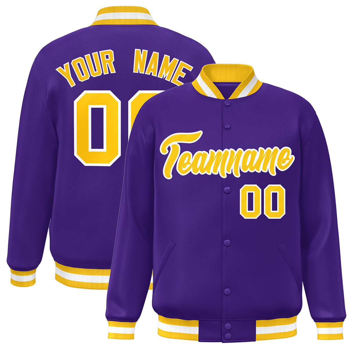 Custom Purple Gold-White Bomber Full-Snap Varsity Letterman Jacket