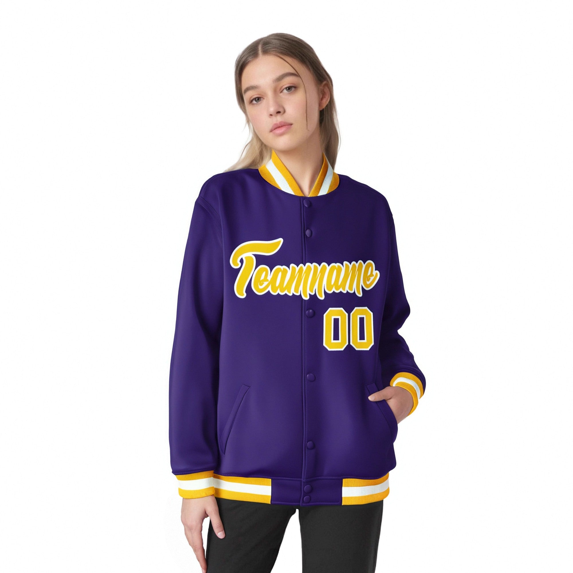 Custom Purple Gold-White Bomber Full-Snap Varsity Letterman Jacket