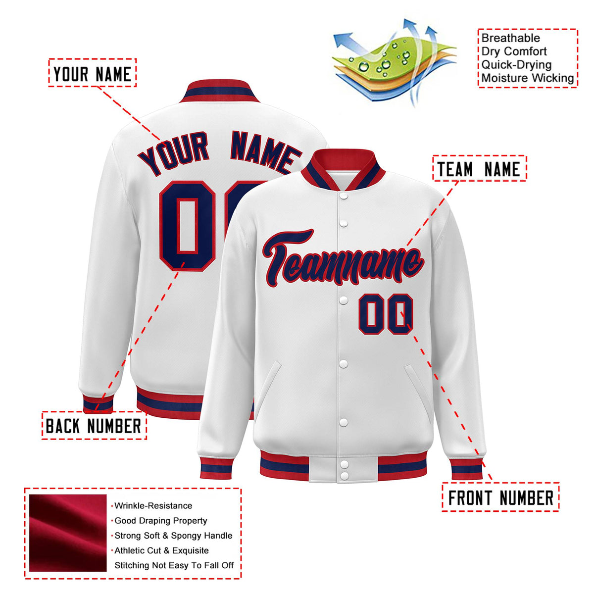 Custom White Navy-Red Bomber Full-Snap Varsity Letterman Jacket