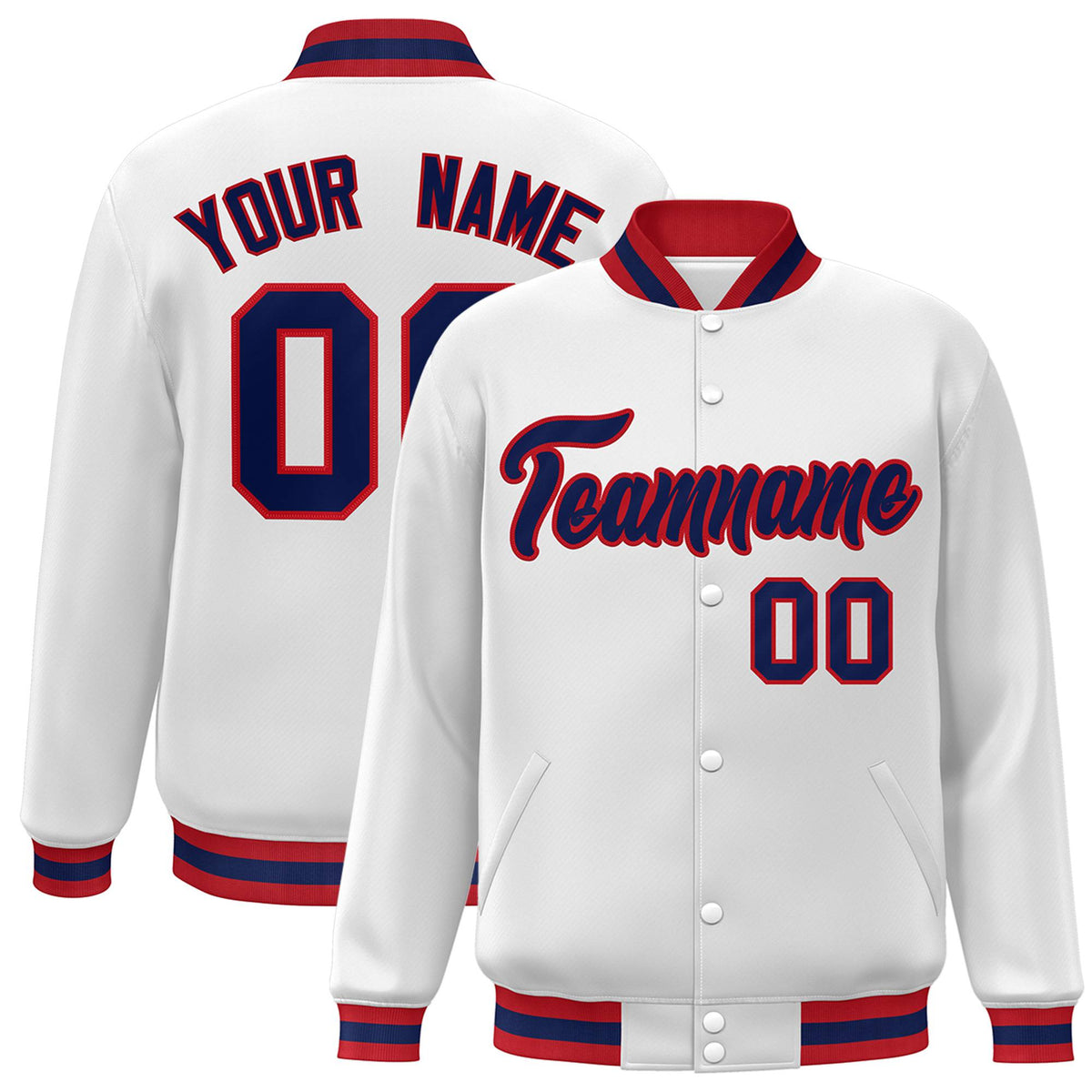 Custom White Navy-Red Bomber Full-Snap Varsity Letterman Jacket